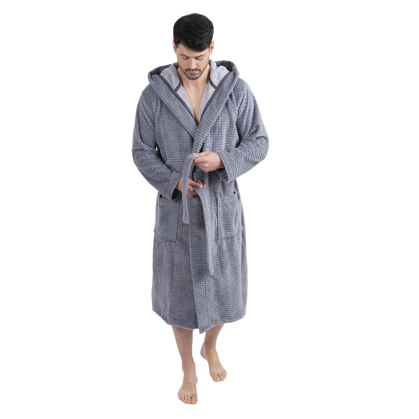 Wewofashion Herren Bademantel Kapuze 1101-2431 Grau Waffeloptik