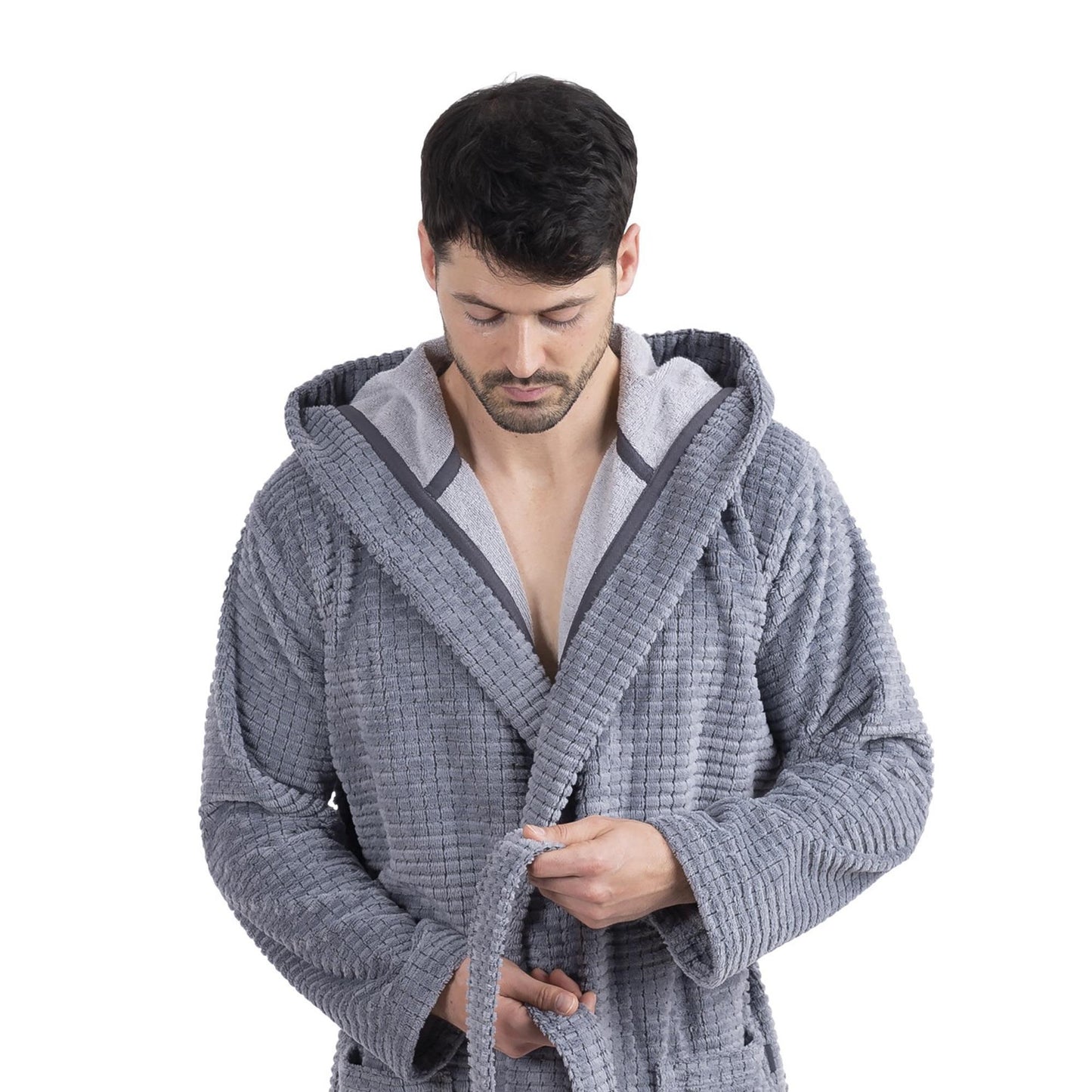 Wewofashion Herren Bademantel Kapuze 1101-2431 Grau Waffeloptik