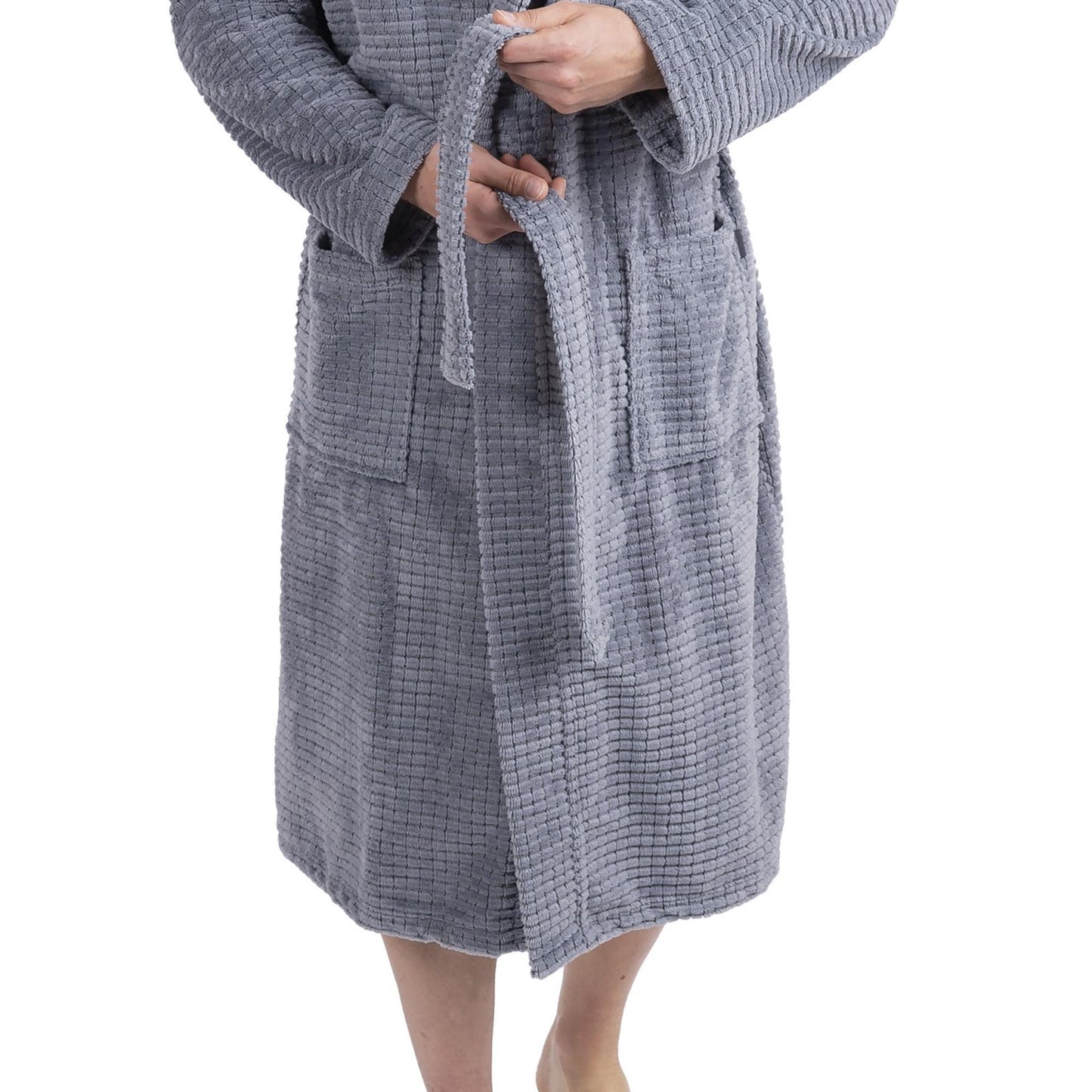 Wewofashion Herren Bademantel Kapuze 1101-2431 Grau Waffeloptik