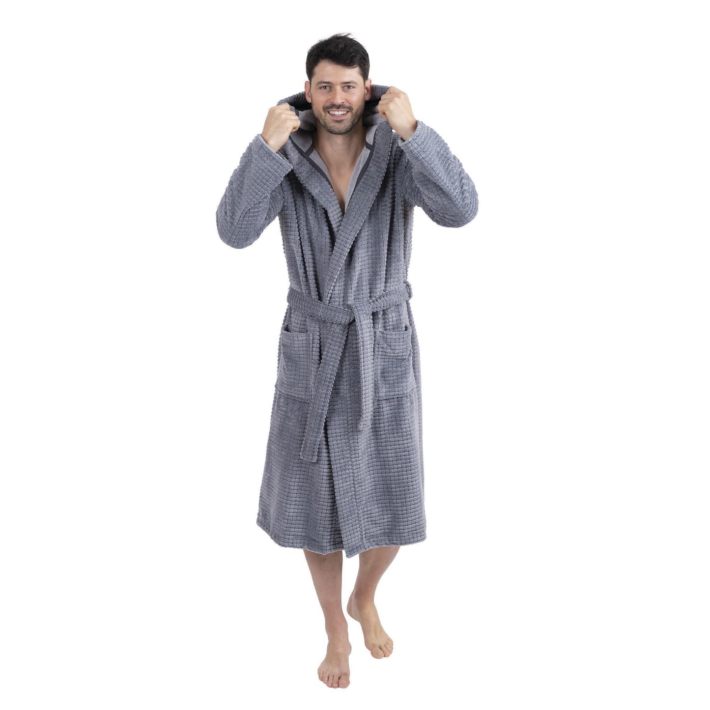 Wewofashion Herren Bademantel Kapuze 1101-2431 Grau Waffeloptik