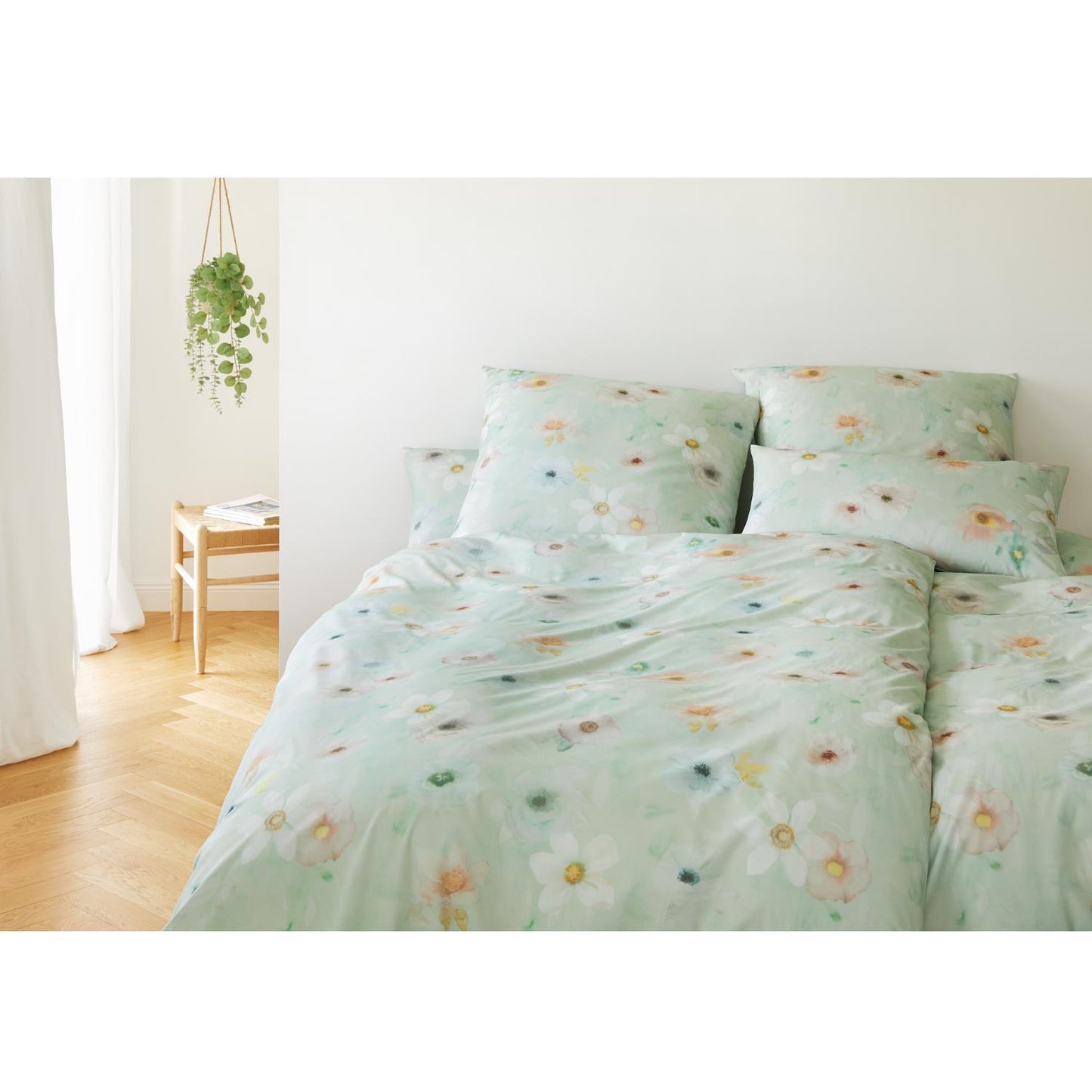 Elegante Mako Satin Bettwäsche Pastel 24519-4 Blumen Grün 135x200