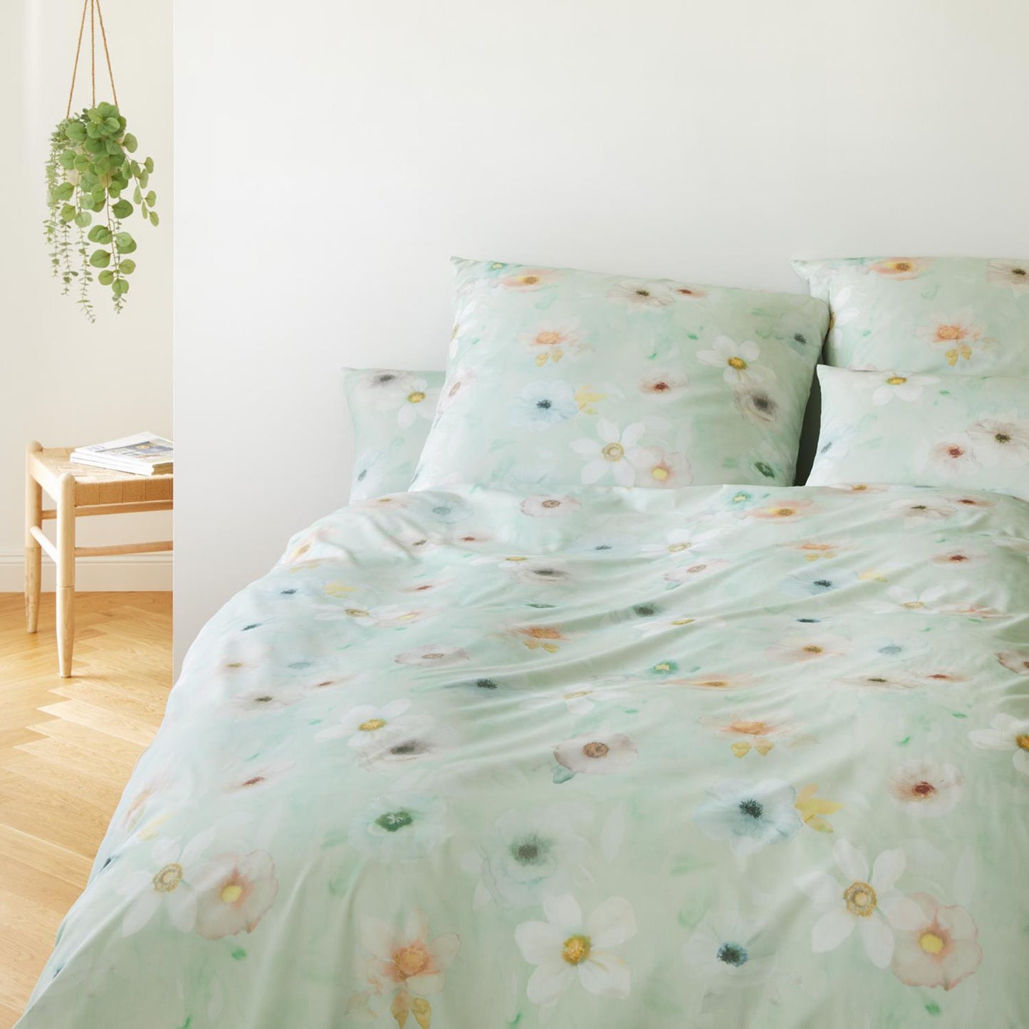 Elegante Mako Satin Bettwäsche Pastel 24519-4 Blumen Grün 135x200
