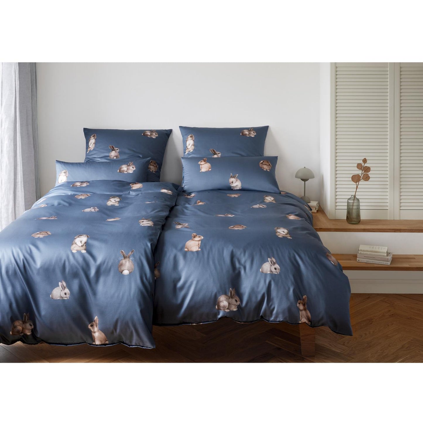 Elegante Mako Satin Bettwäsche Bunnies 24531-2 Kaninchen Blau 135x200
