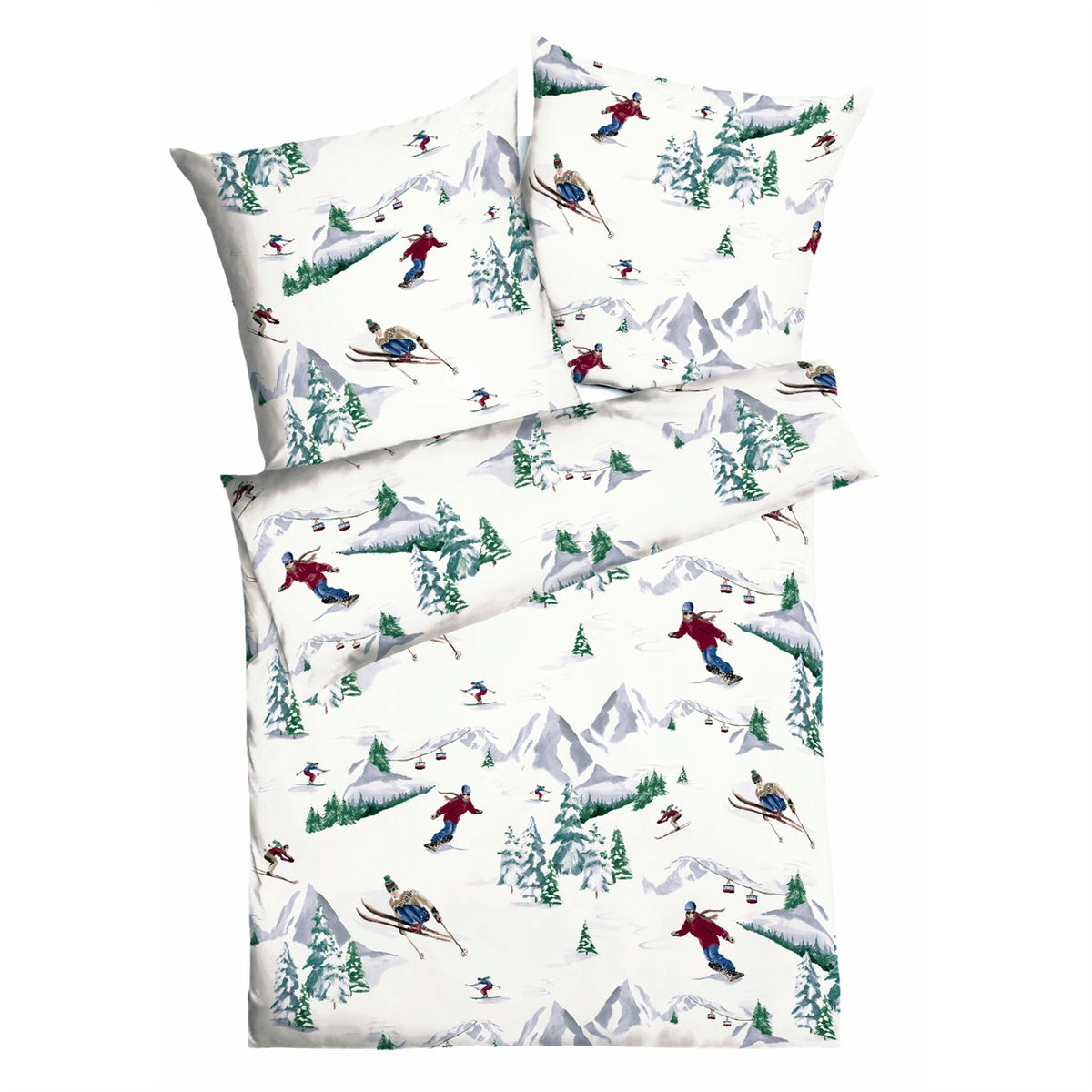 Bettwäsche Mako Satin Alpin Allover Grün mit Skiläufermotiv 135 x 200 cm