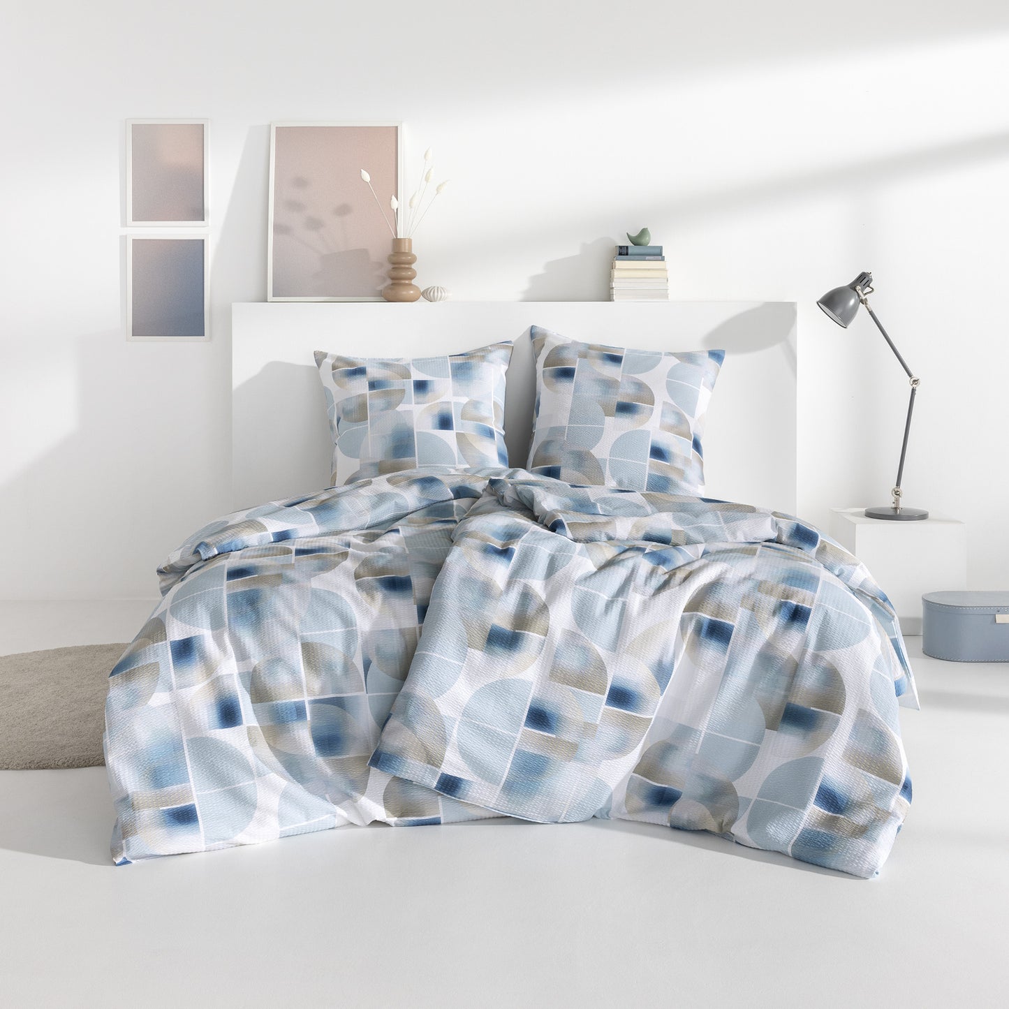 Estella Seersucker Bettwäsche Simon 3614-051 Geometrisch Blau 155x220