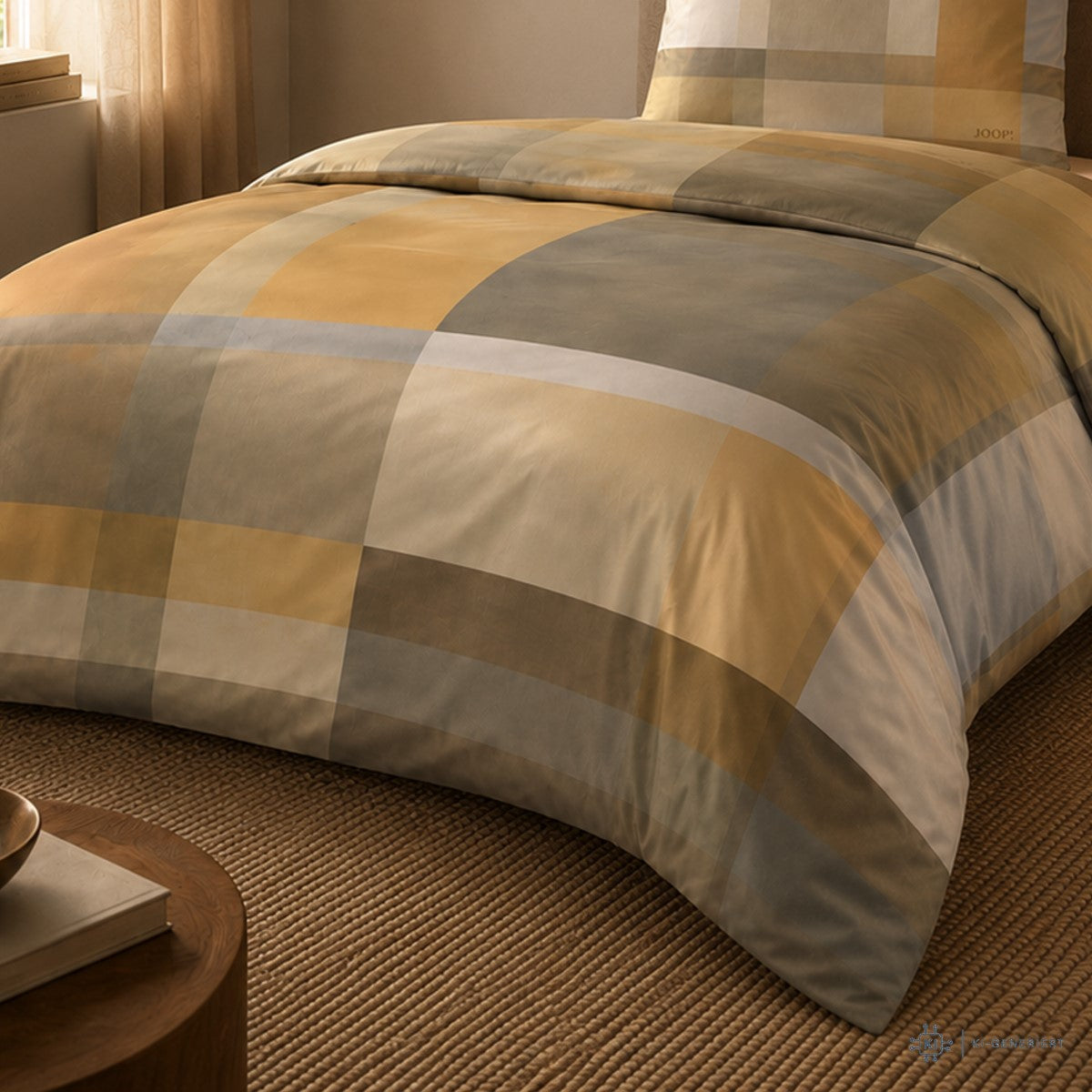 Bettwäsche Mako Satin Glow Natur mit Karomuster 135 x 200 cm
