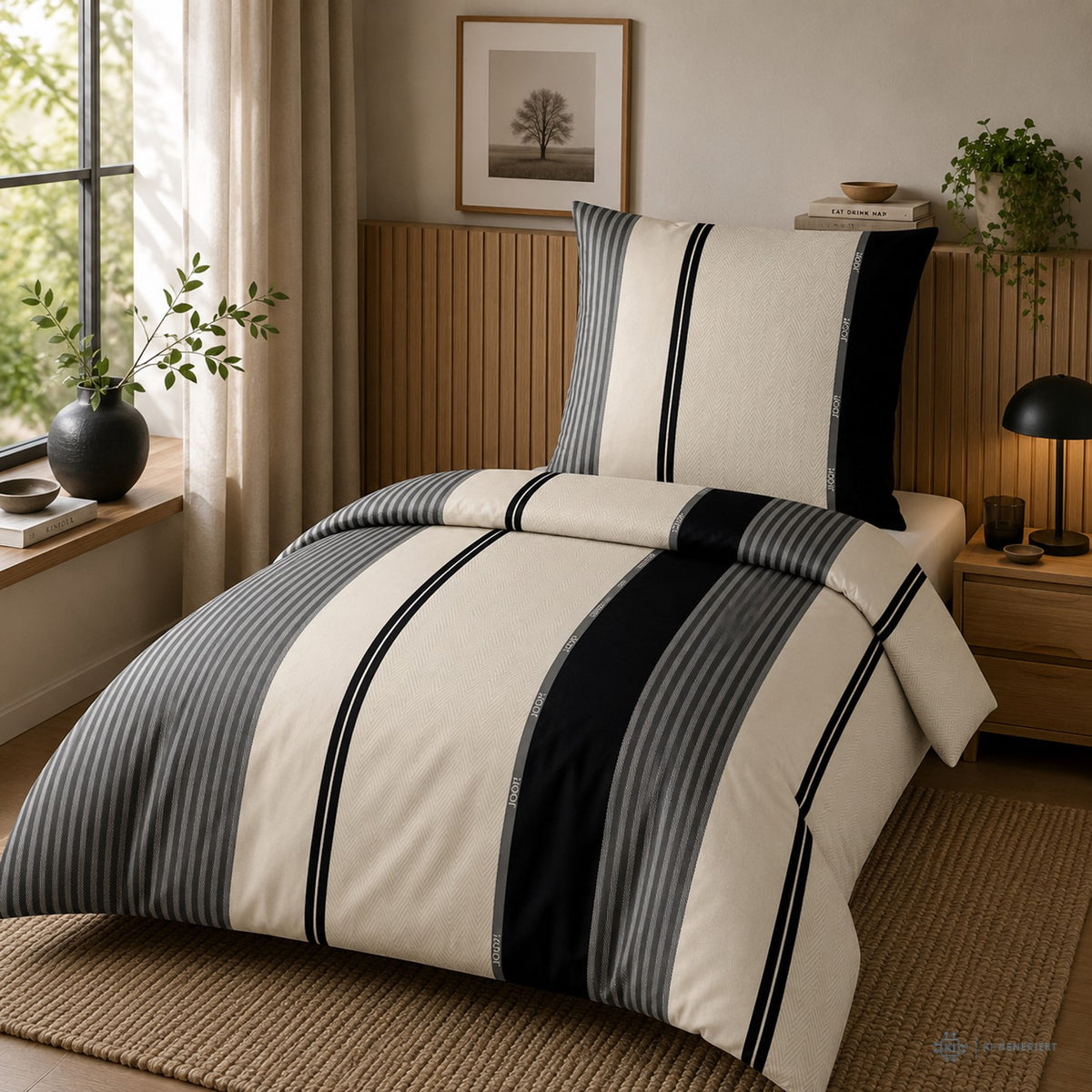 Bettwäsche Mako Satin Herringbone Stripes Schwarz mit Streifenmuster 135 x 200 cm