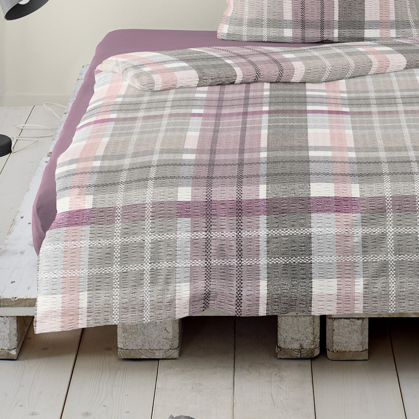 Bettwäsche Bierbaum Seersucker 4149-60 Kariert rosa grau 135x200