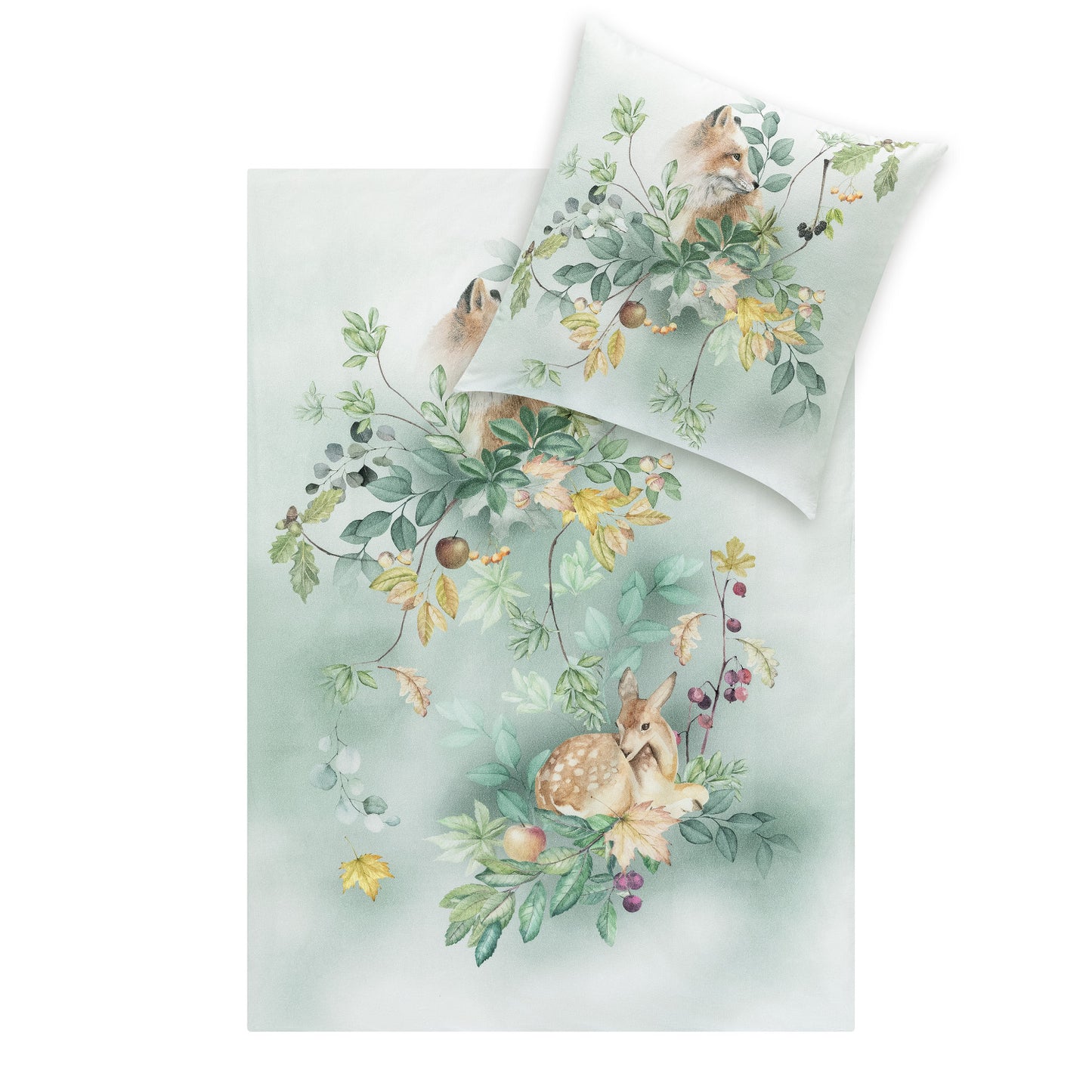 Estella Flanell Bettwäsche Ferdinand 4468-530 Reh Fuchs Grün 135x200