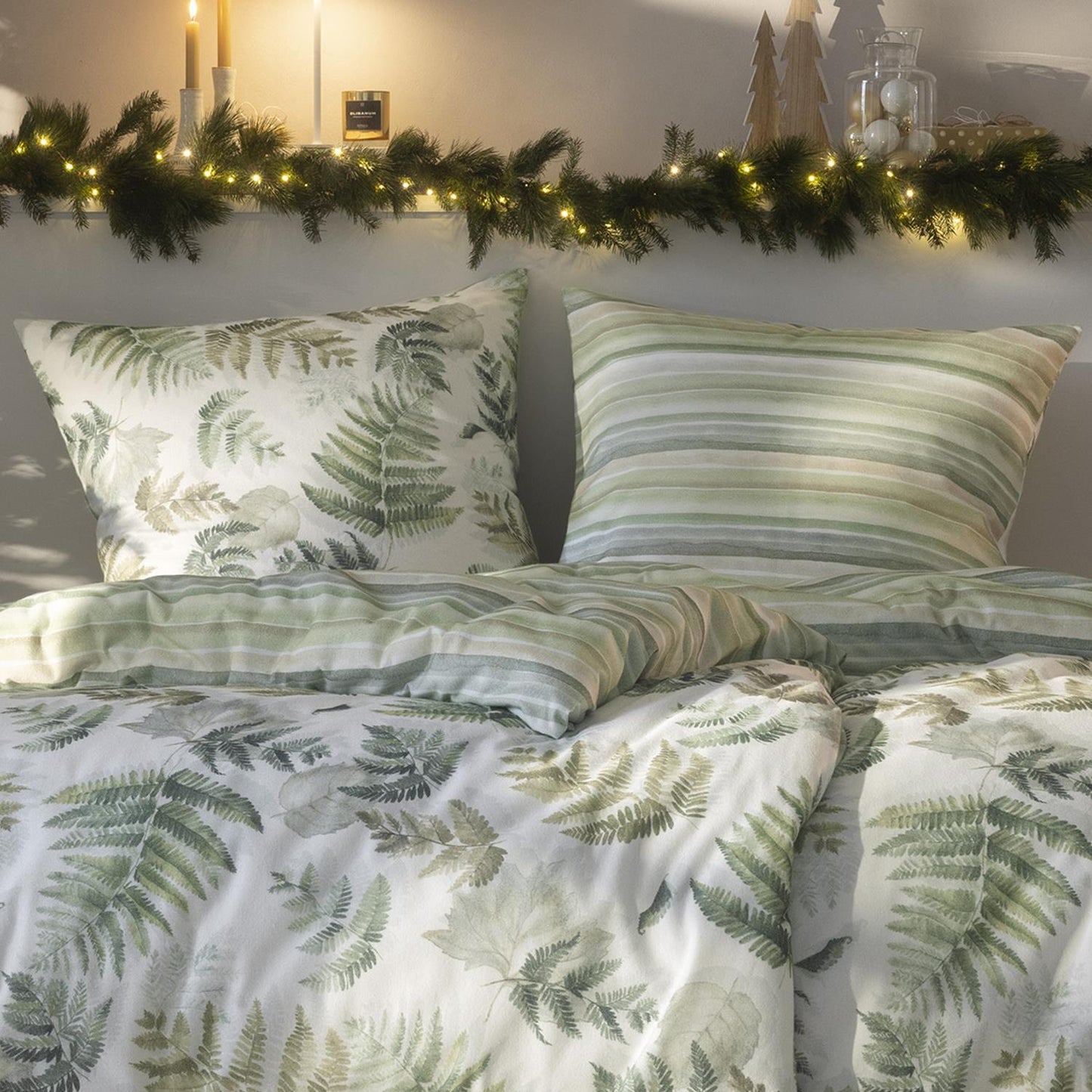 Estella Flanell Bettwäsche Fern leaves 4469-530 Blatt Streifen 135x200