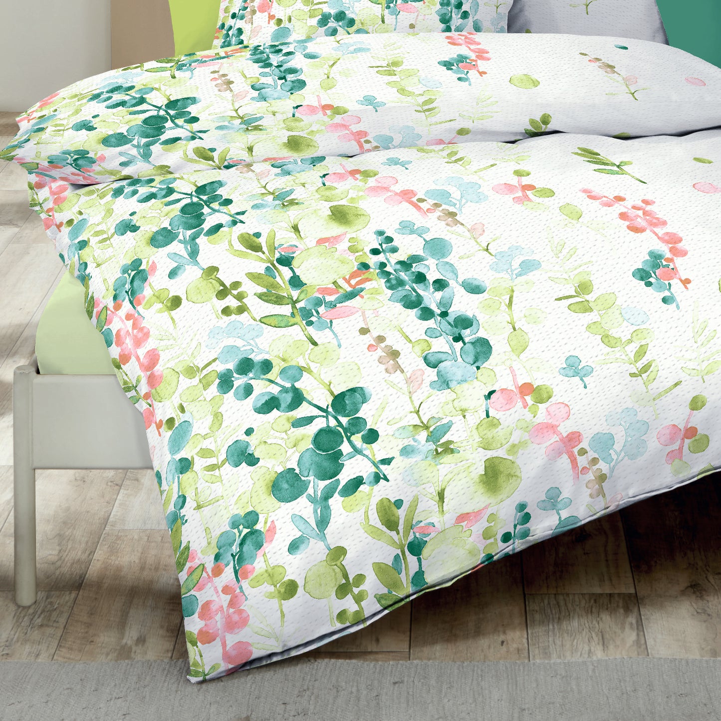 Bettwäsche Kaeppel Seersucker 466-03 Inaya Blätter aqua grün 135x200