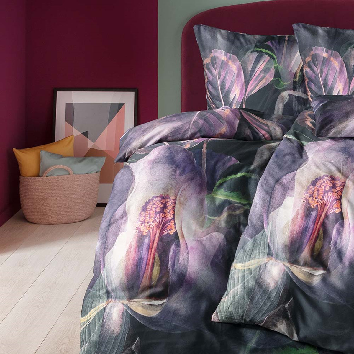 Estella Mako Satin Bettwäsche Kendra Blüten 4834-670 Aubergine 135x200