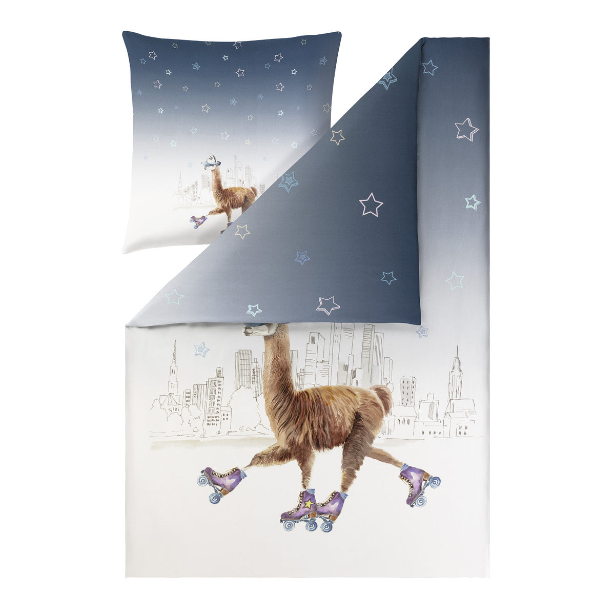 Bettwäsche Mako Satin City Lama Blau mit Tiermotiven 135 x 200 cm