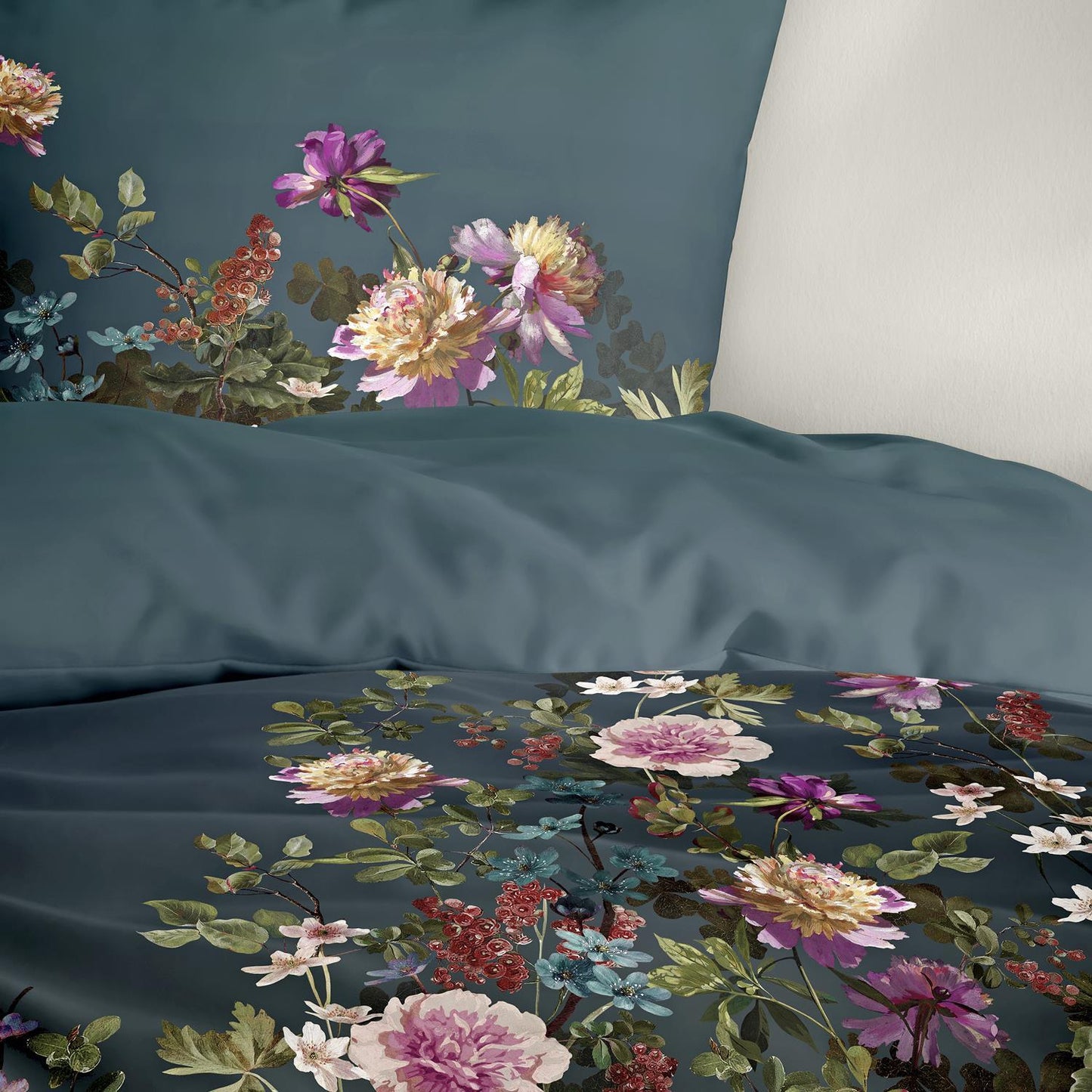 Bettwäsche Bierbaum Mako Satin 5323-20 Blumen Ozeanblau Grün 135x200