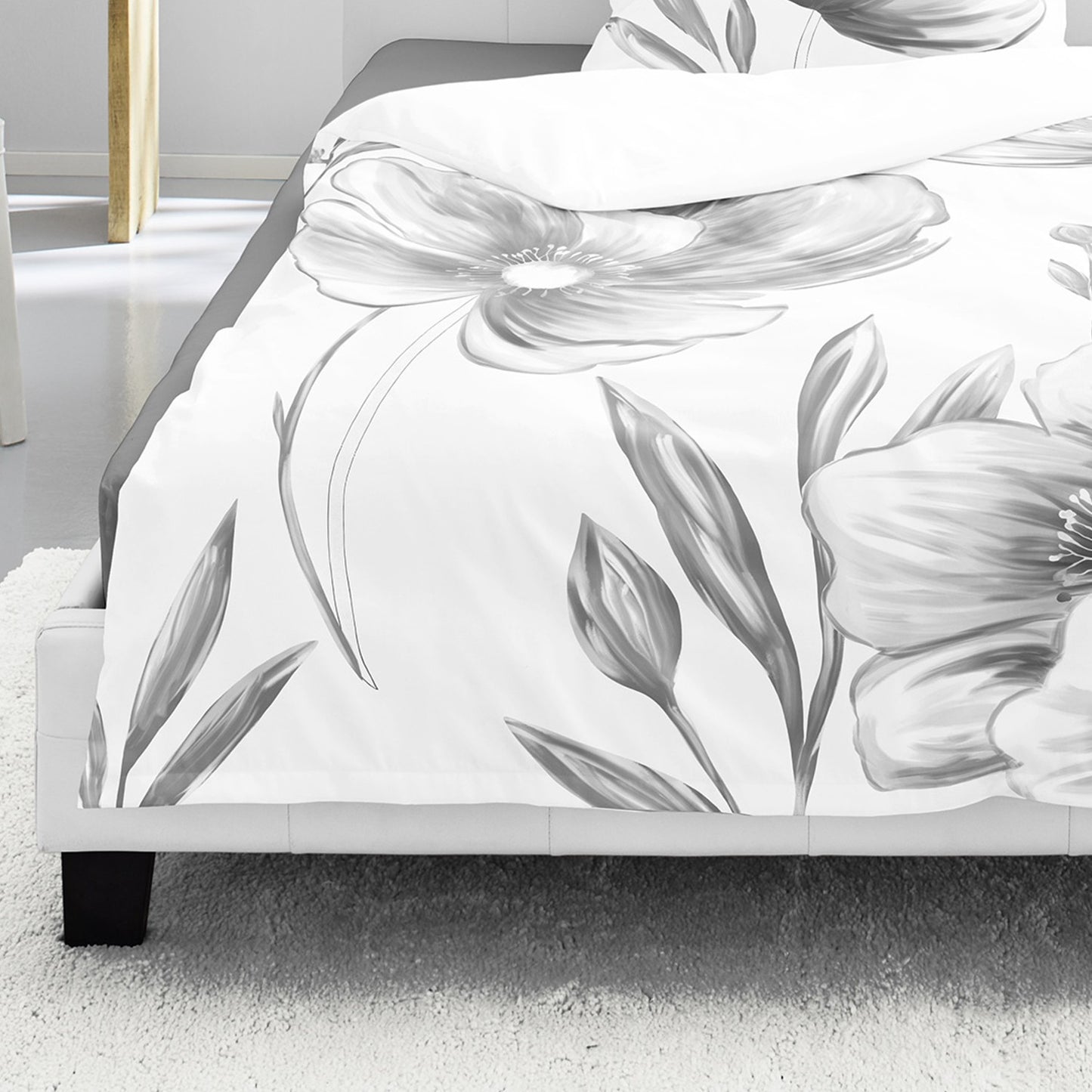 Bettwäsche Bierbaum Mako Satin 5332-10 Blumen weiß grau 135x200