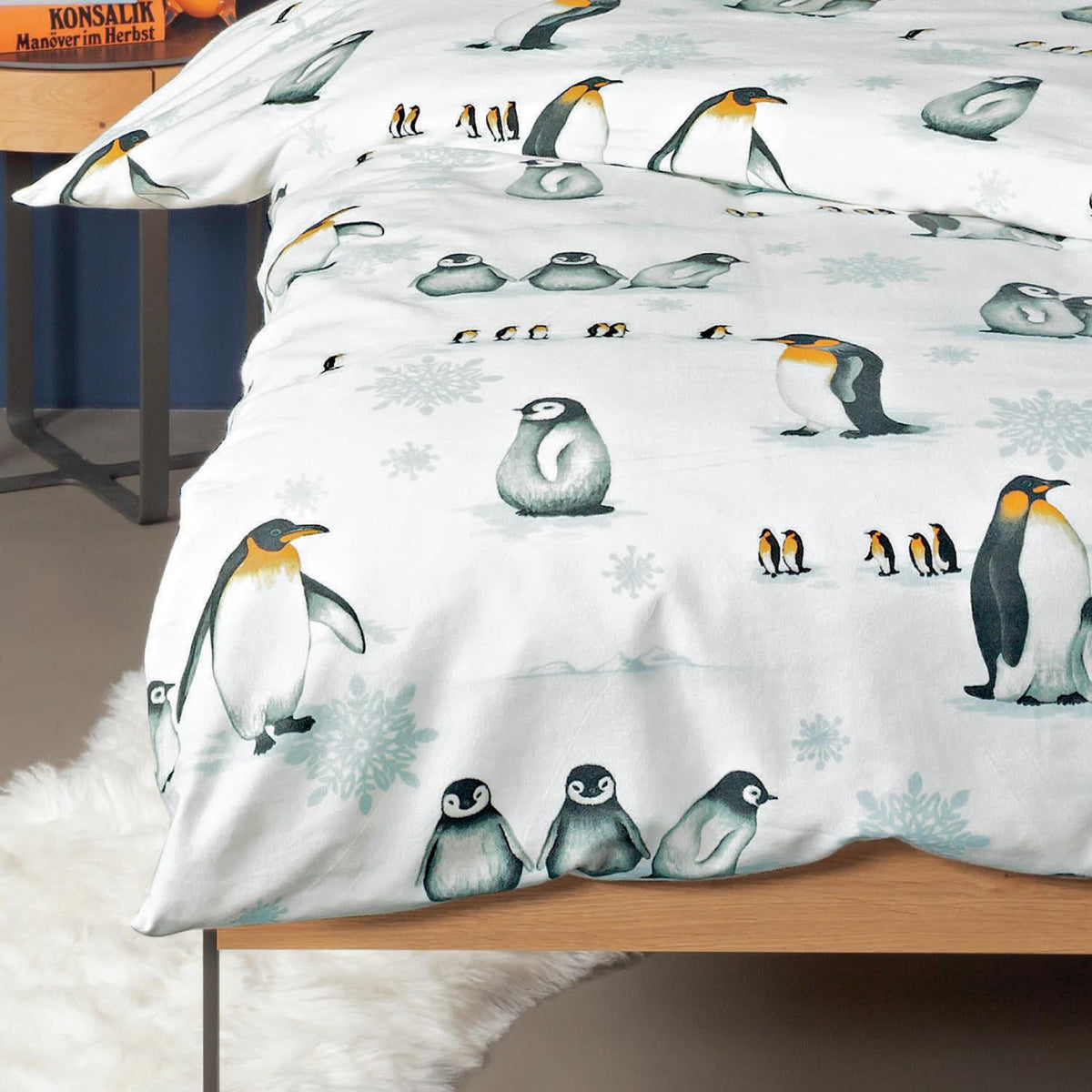 Biber Bettwäsche Davos weiß mit Pinguinmuster 135 x 200 cm