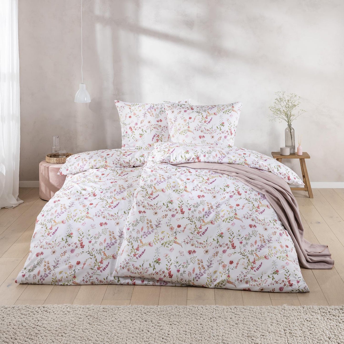 Estella Mako Satin Bettwäsche Dilara 7529-985 Blumen Rosa Lila 135x200