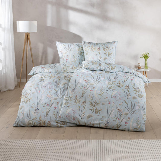 Estella Mako Satin Bettwäsche Rieke 7530-640 Blumen Azur Blau 135x200