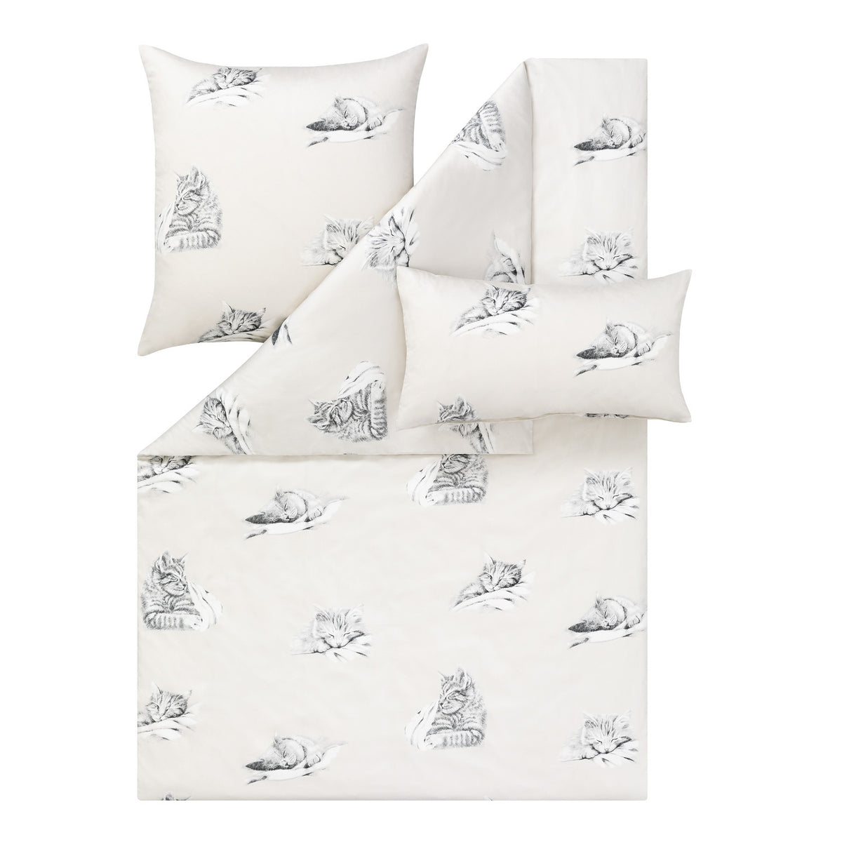 Bettwäsche Mako Satin Cats Natur mit Katzenmotiven 135 x 200 cm
