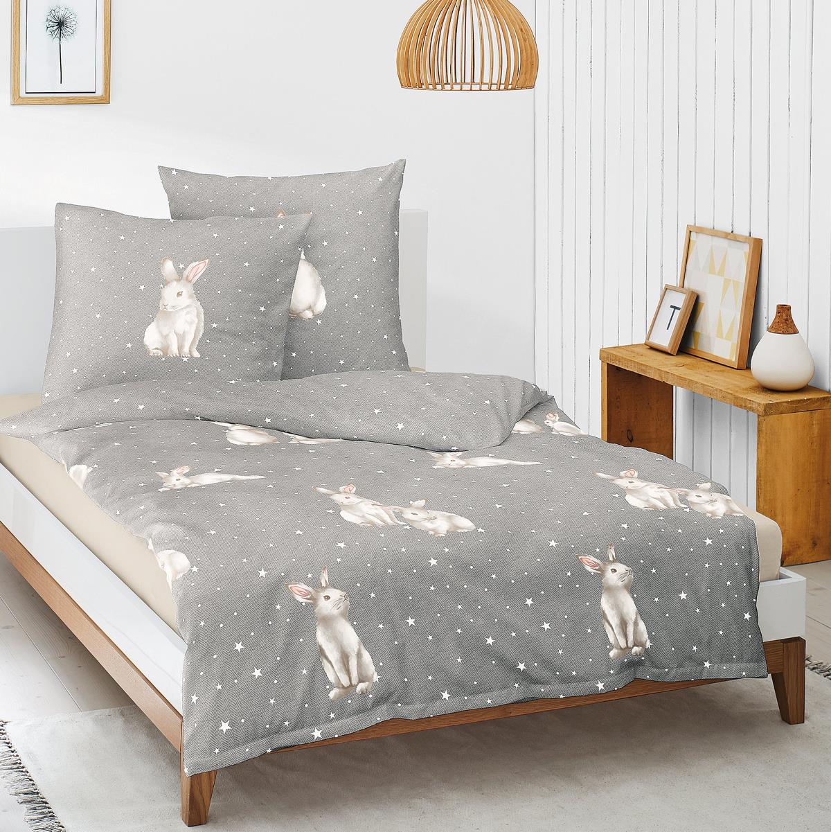 Biber Bettwäsche Irisette Dublin grau mit Hasen 135x200 cm – bettenhaus-breuer