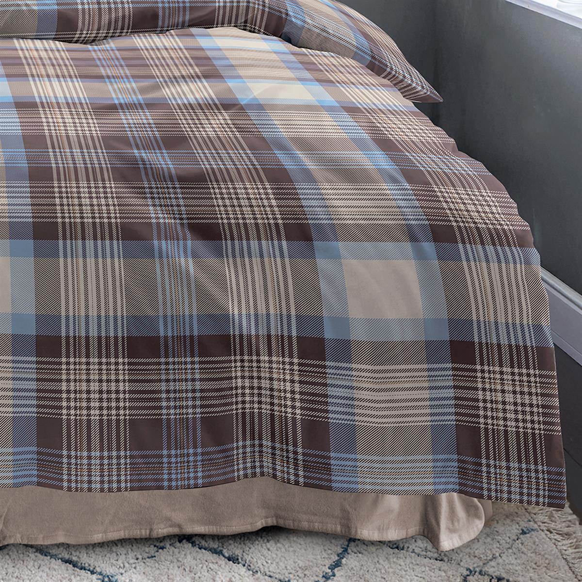 Bettwäsche Mako Satin Wave Blau mit Karomuster 135 x 200 cm