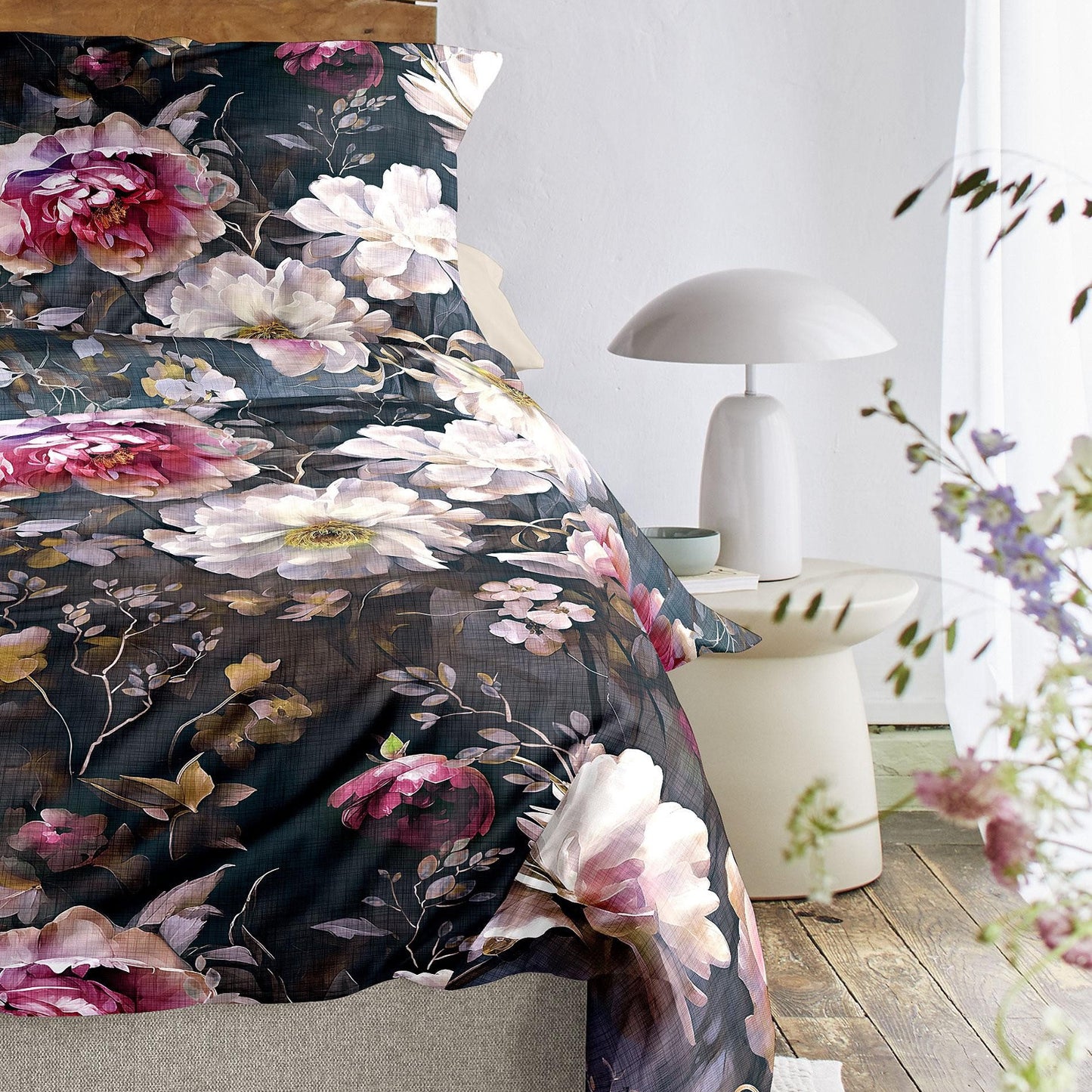 Irisette Mako Satin Bettwäsche Wave 8574-90 Blumen Rosa Grau 135x200