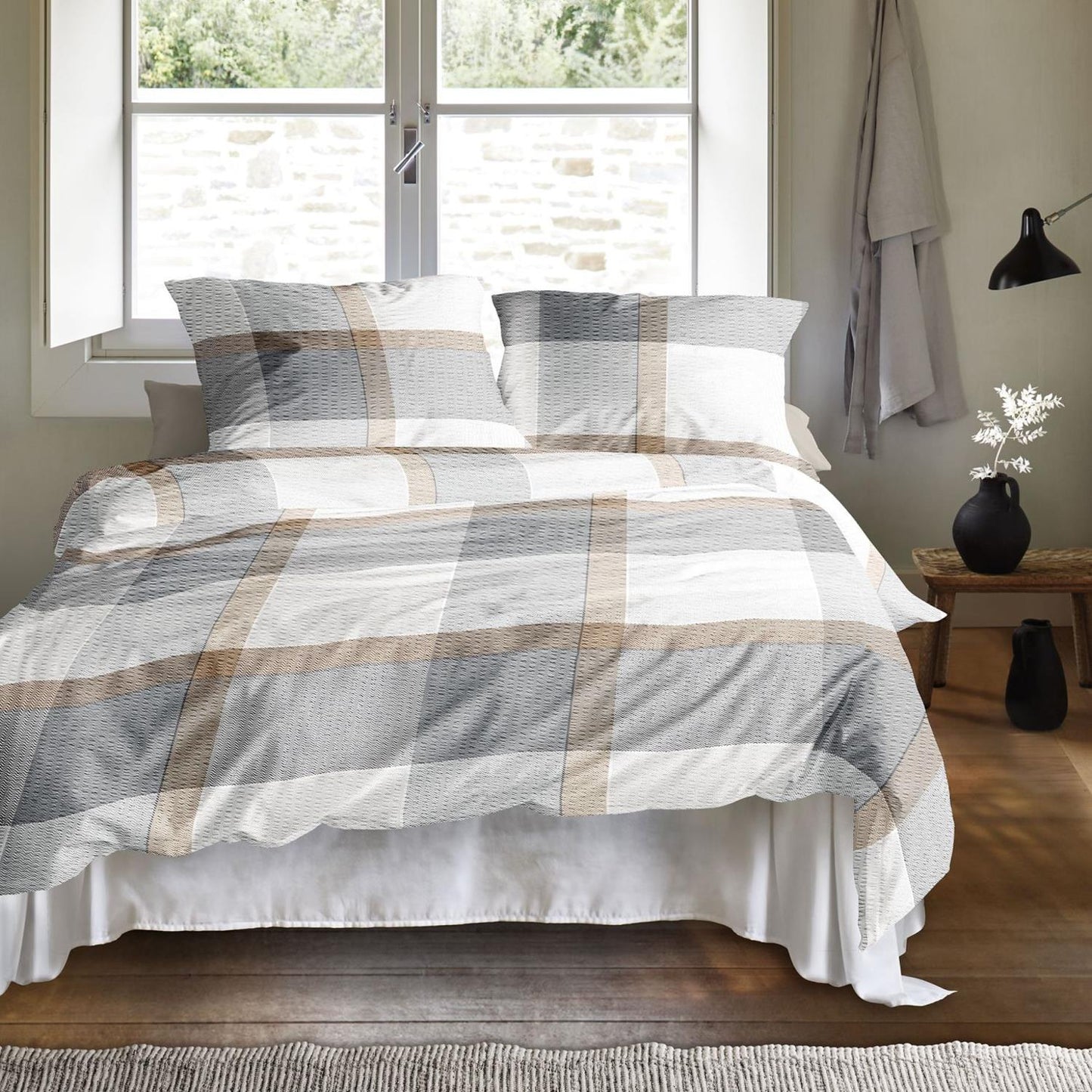 Irisette Seersucker Bettwäsche Easy 8575-11 Kariert Grau Taupe 135x200