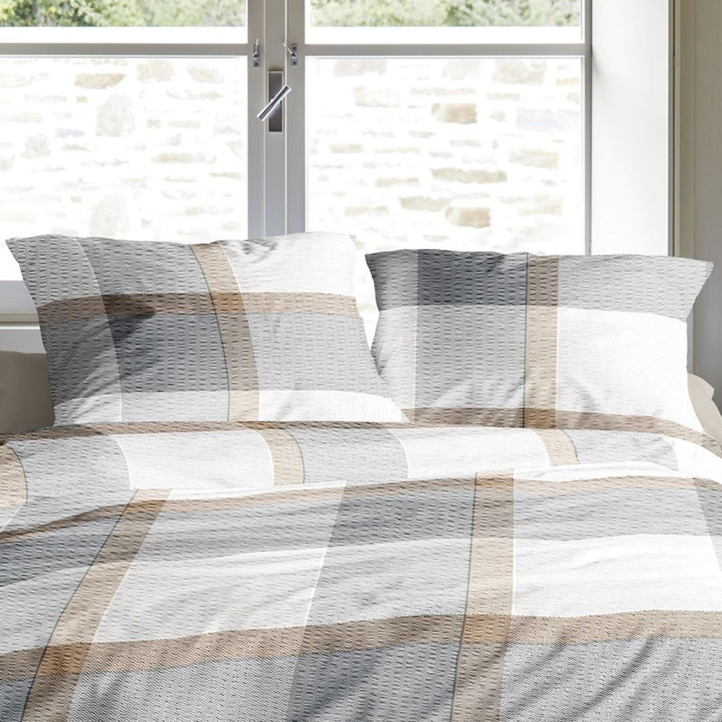 Irisette Seersucker Bettwäsche Easy 8575-11 Kariert Grau Taupe 135x200