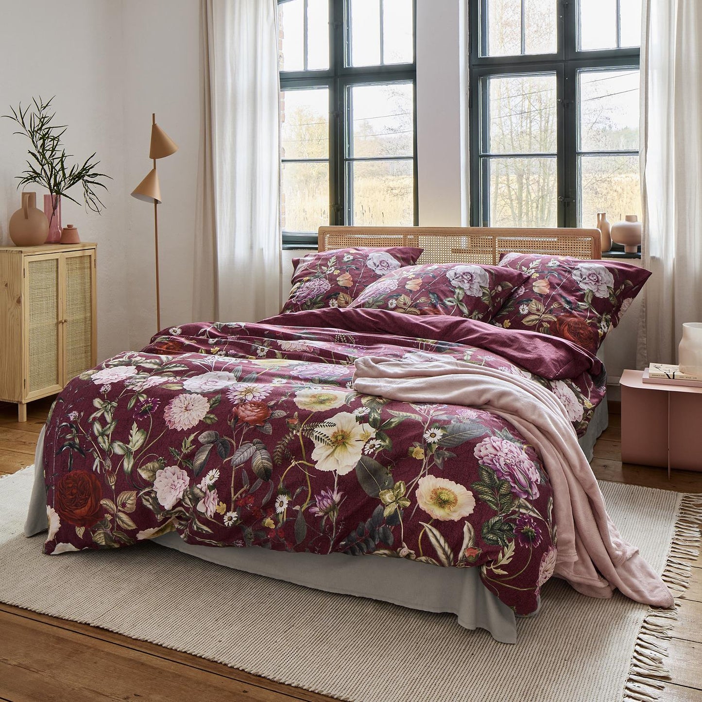 Irisette Mako Satin Bettwäsche Wave 8576-60 Blumen Bordeaux 135x200