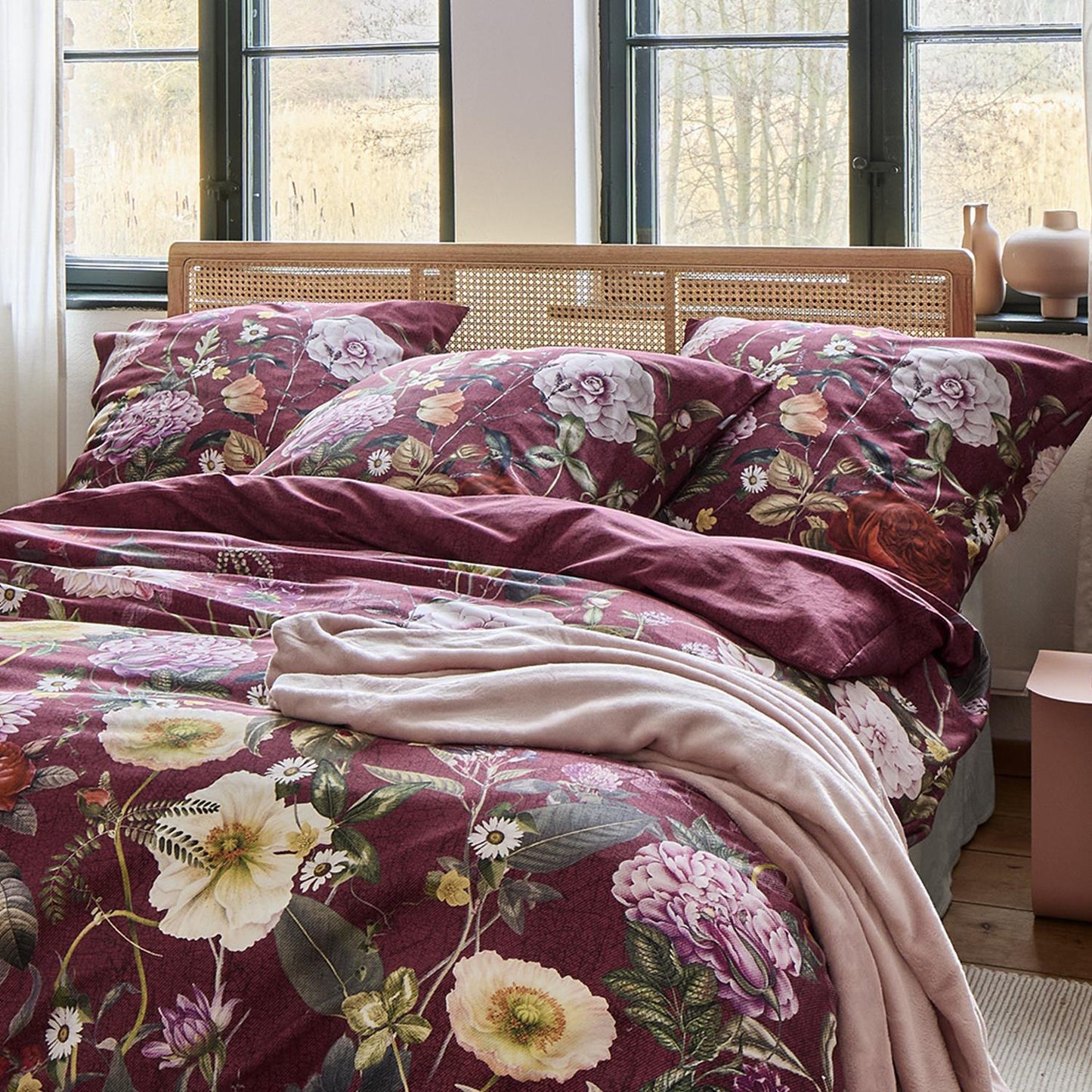 Irisette Mako Satin Bettwäsche Wave 8576-60 Blumen Bordeaux 135x200
