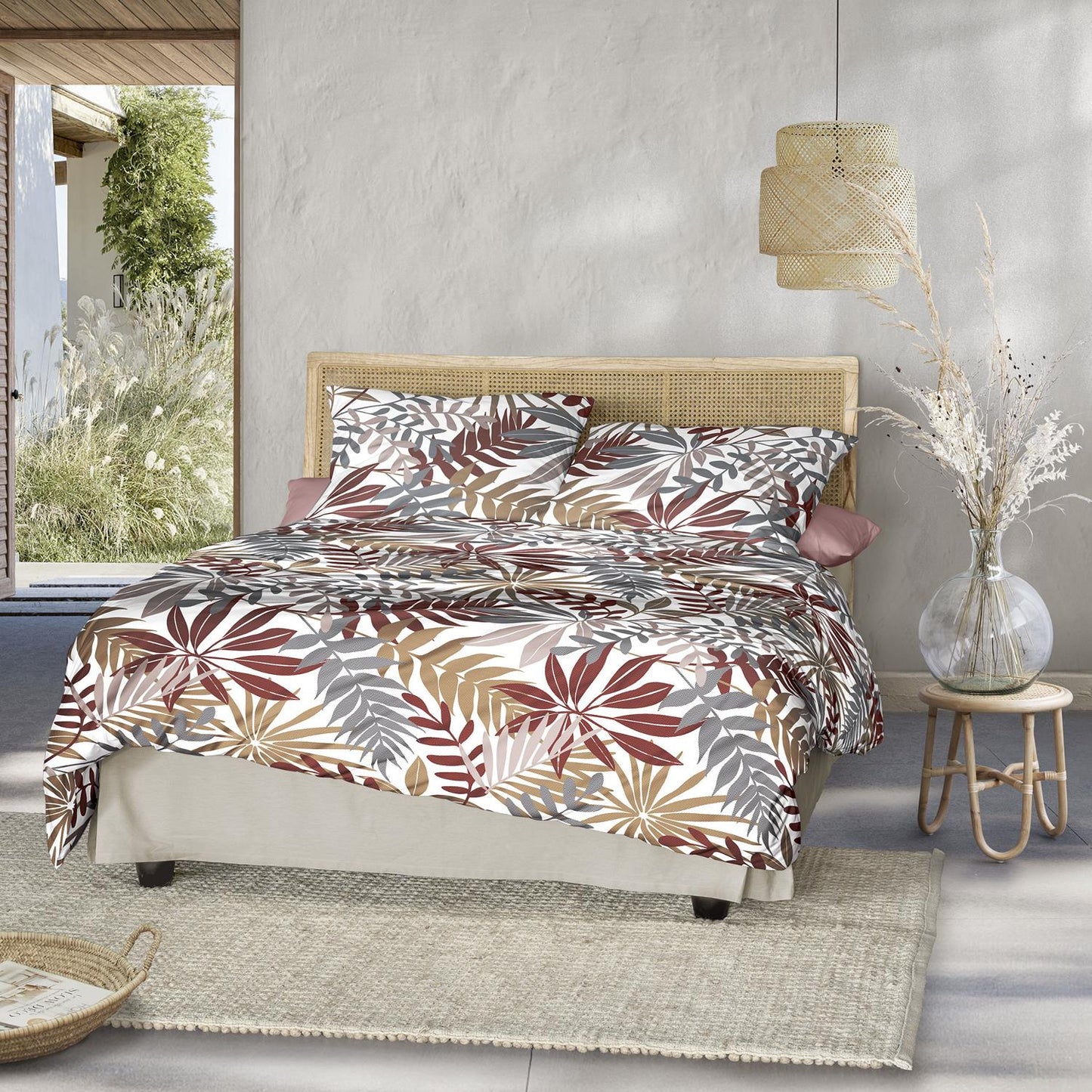 Irisette Seersucker Bettwäsche Easy 8579-60 Blätter Rot Grau 135x200