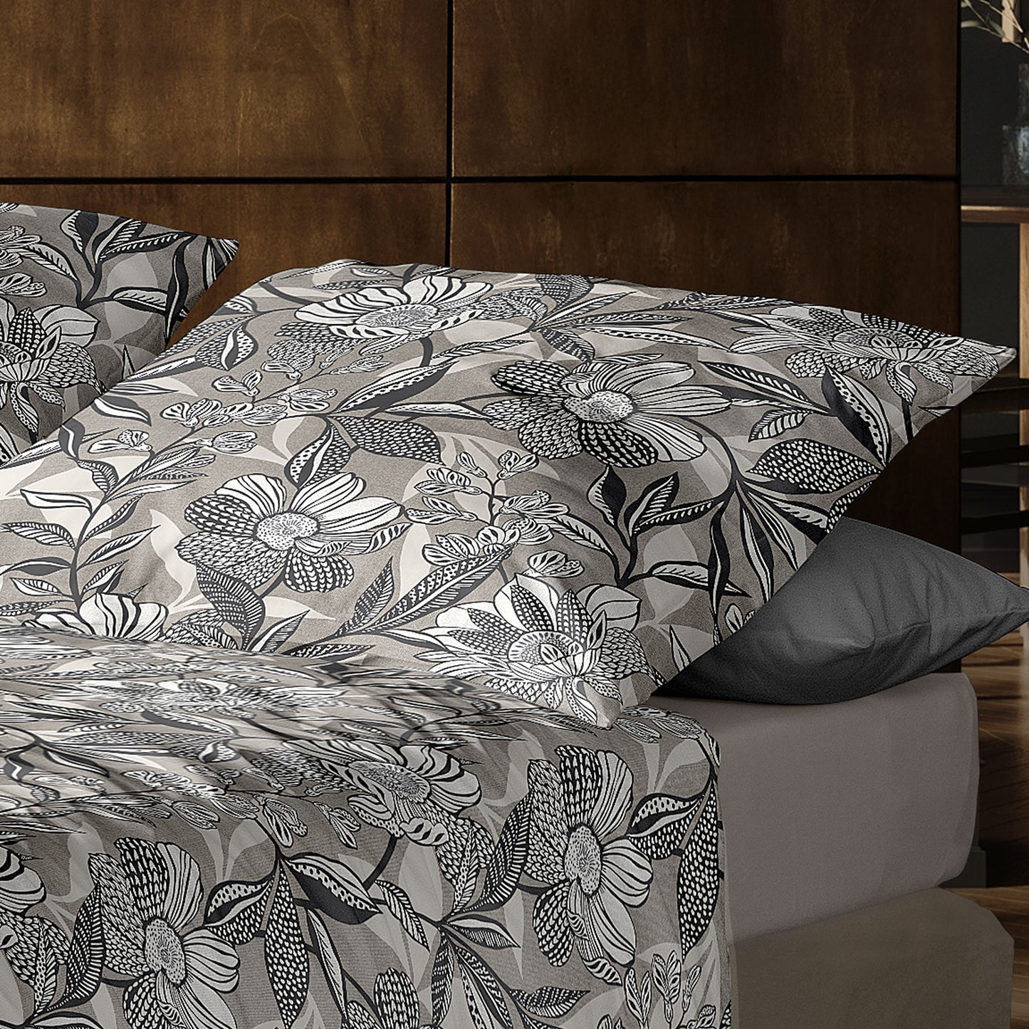Irisette Mako Satin Bettwäsche Wave 8585-80 Blumen Grau Natur 135x200