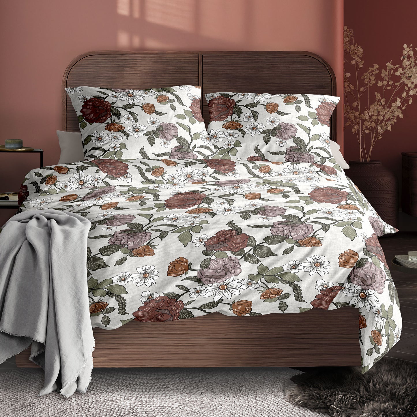 Irisette Mako Satin Bettwäsche Wave 8625-50 Blumen Greige Grün 135x200