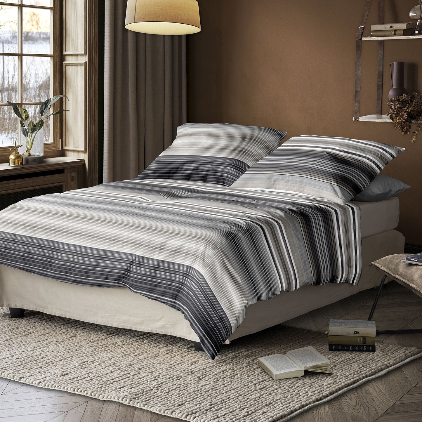 Irisette Mako Satin Bettwäsche Wave 8651-11 Streifen Grau Sand 135x200