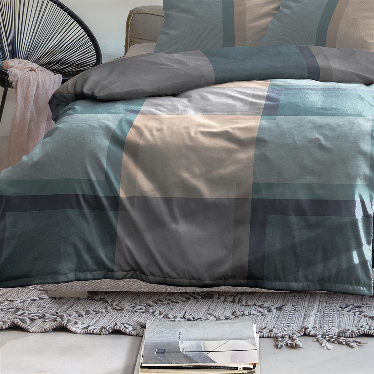 Bettwäsche Mako Satin Wave Blau mit Karomuster 135 x 200 cm, 155 x 220 cm