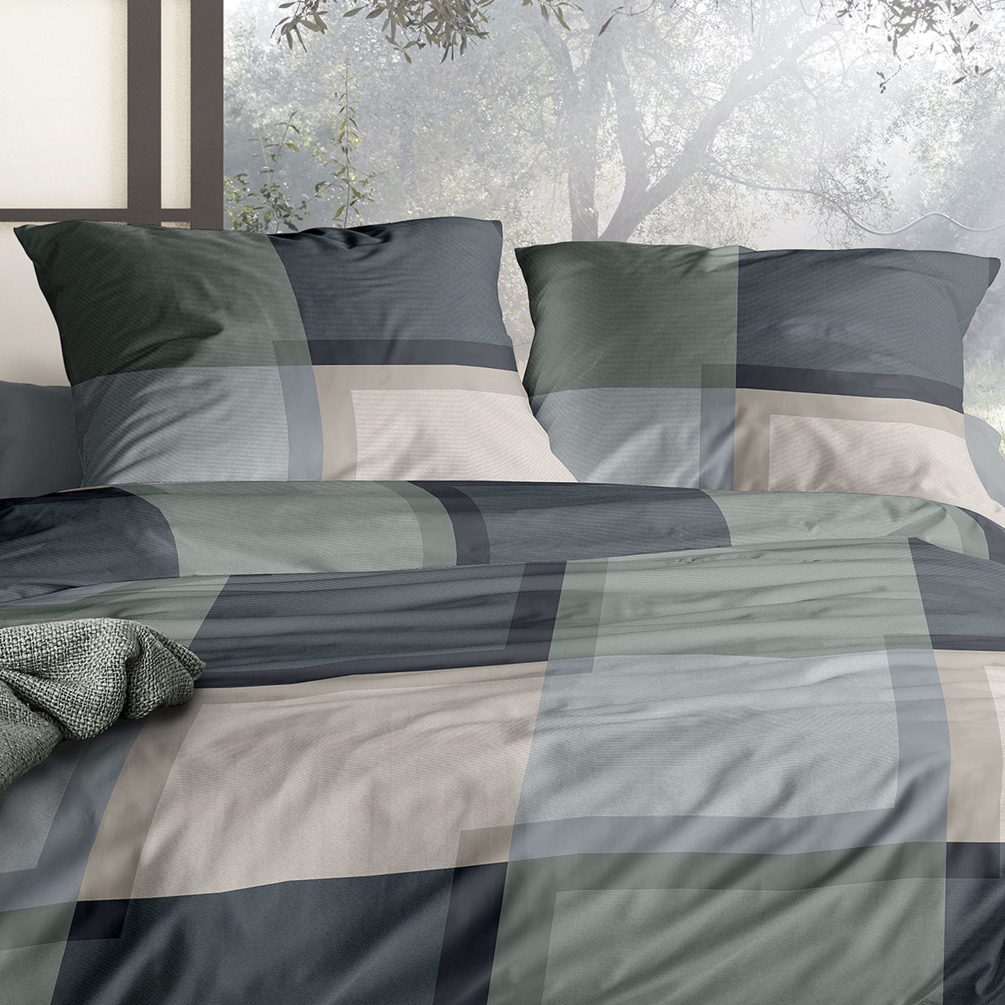 Irisette Mako Satin Bettwäsche Wave 8672-30 Kariert Blau Grün 135x200
