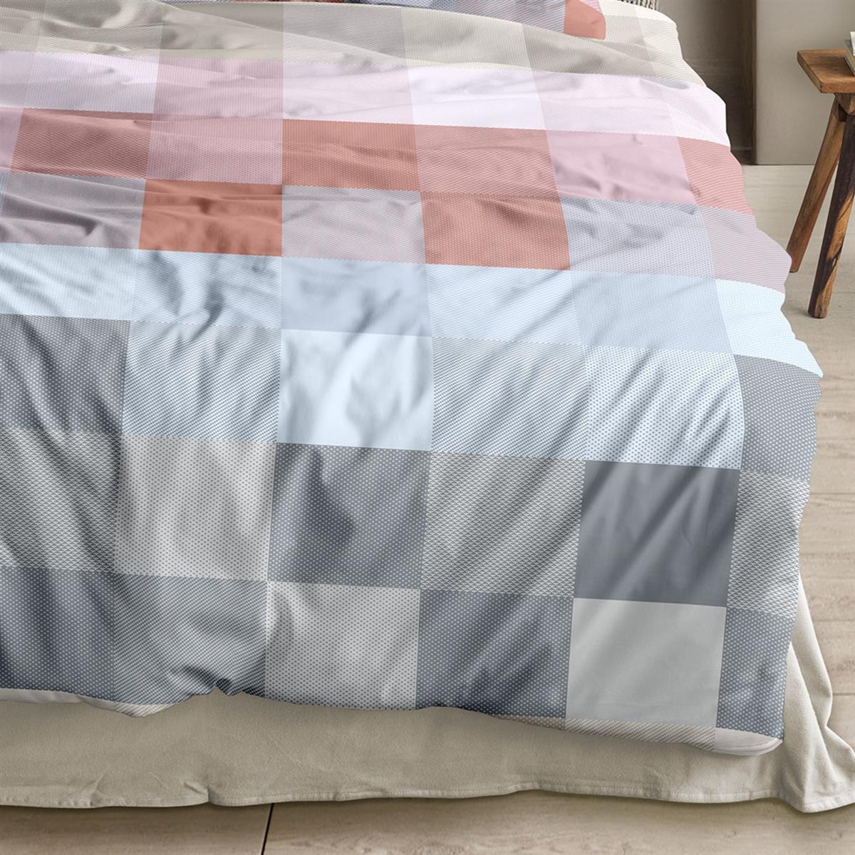 Bettwäsche Mako Satin Wave Blau mit Karomuster 135 x 200 cm