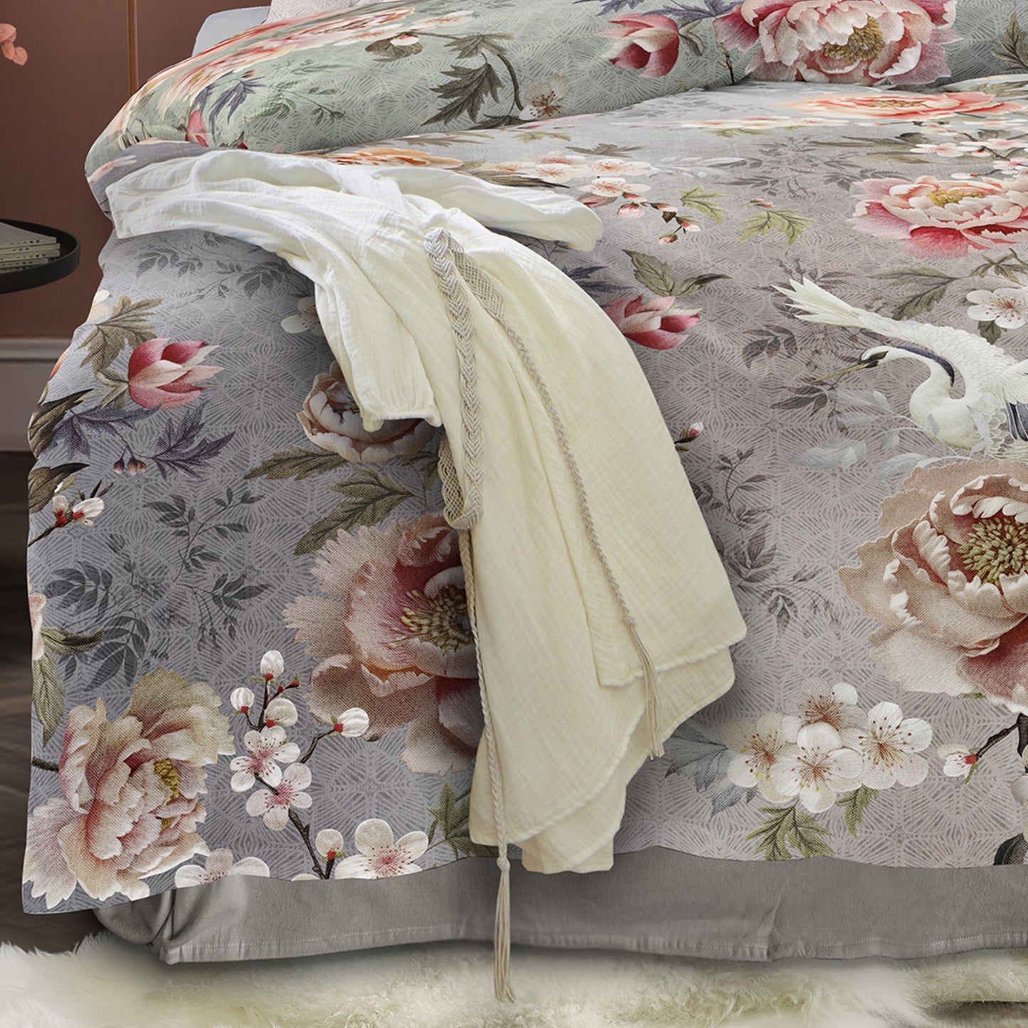 Irisette Mako Satin Bettwäsche Wave 8782-90 Rosen Kranich grau 135x200