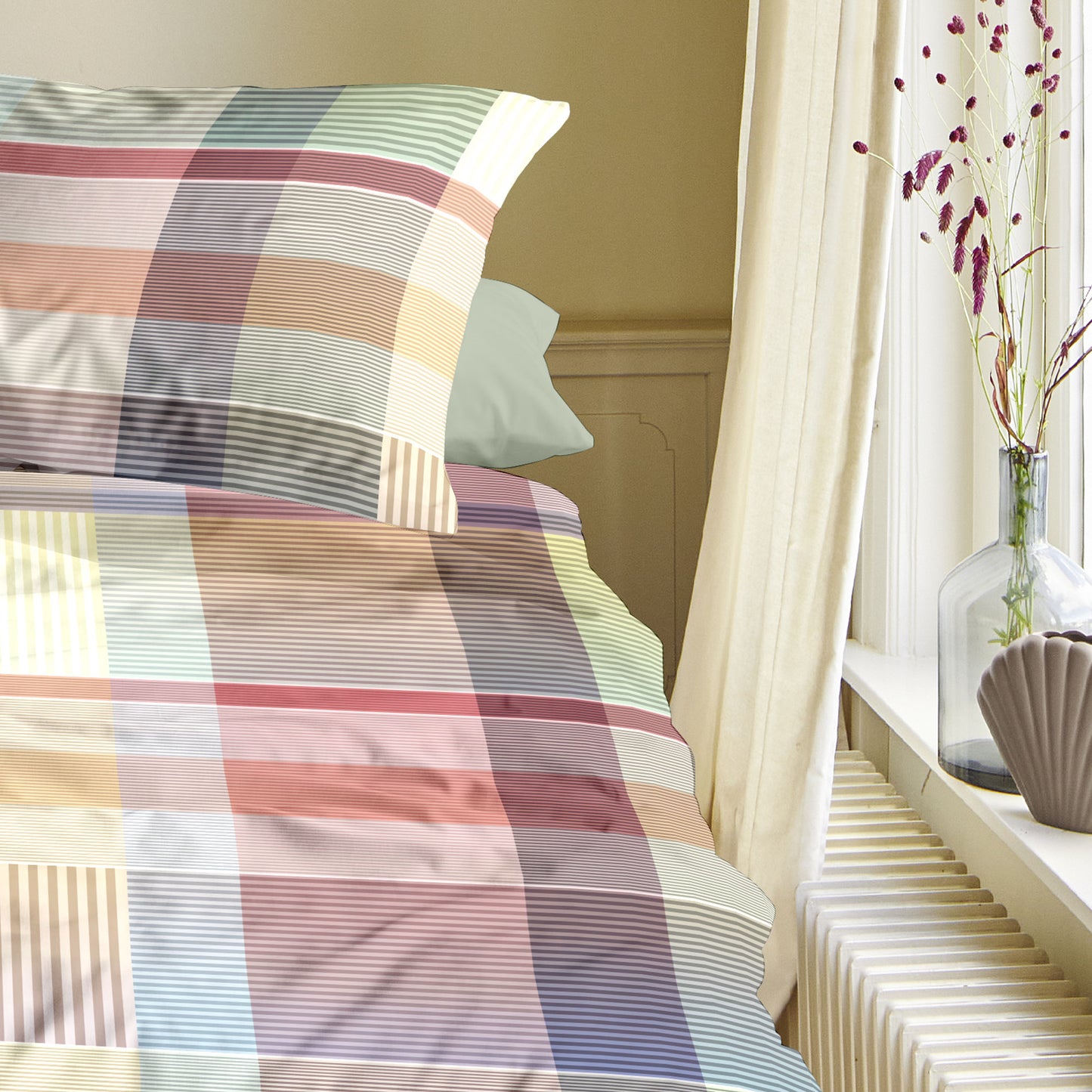 Irisette Mako Satin Bettwäsche Wave 8891-90 gelb grün kariert 135x200