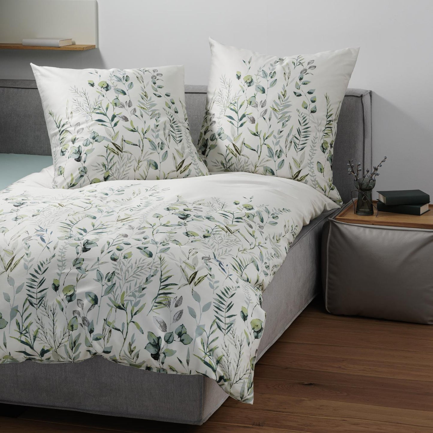 Janine Mako Satin Bettwäsche Moments 98123-06 Blätter Mint 135x200