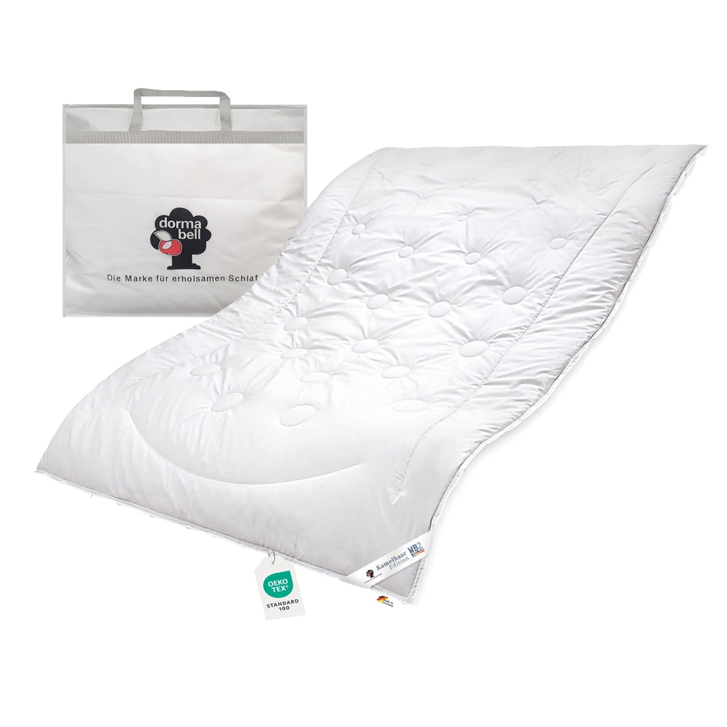eine Bettdecke 135x200 mit Tasche Kamelhaardecke des Herstellers dormabell mit oekotex Label