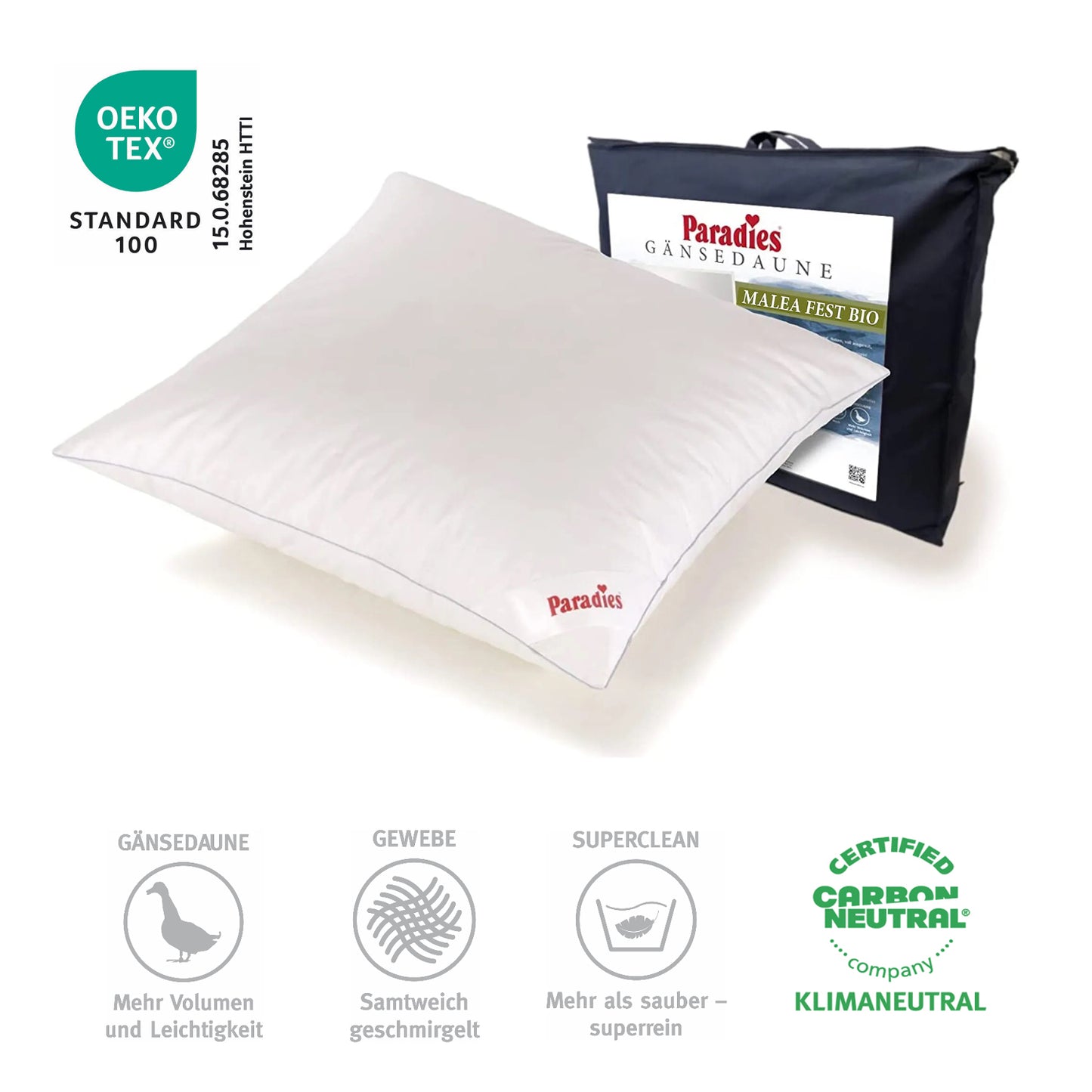Paradies Gänsedaunen Kopfkissen Malea fest 15% Daunen 85% Federn 80x80