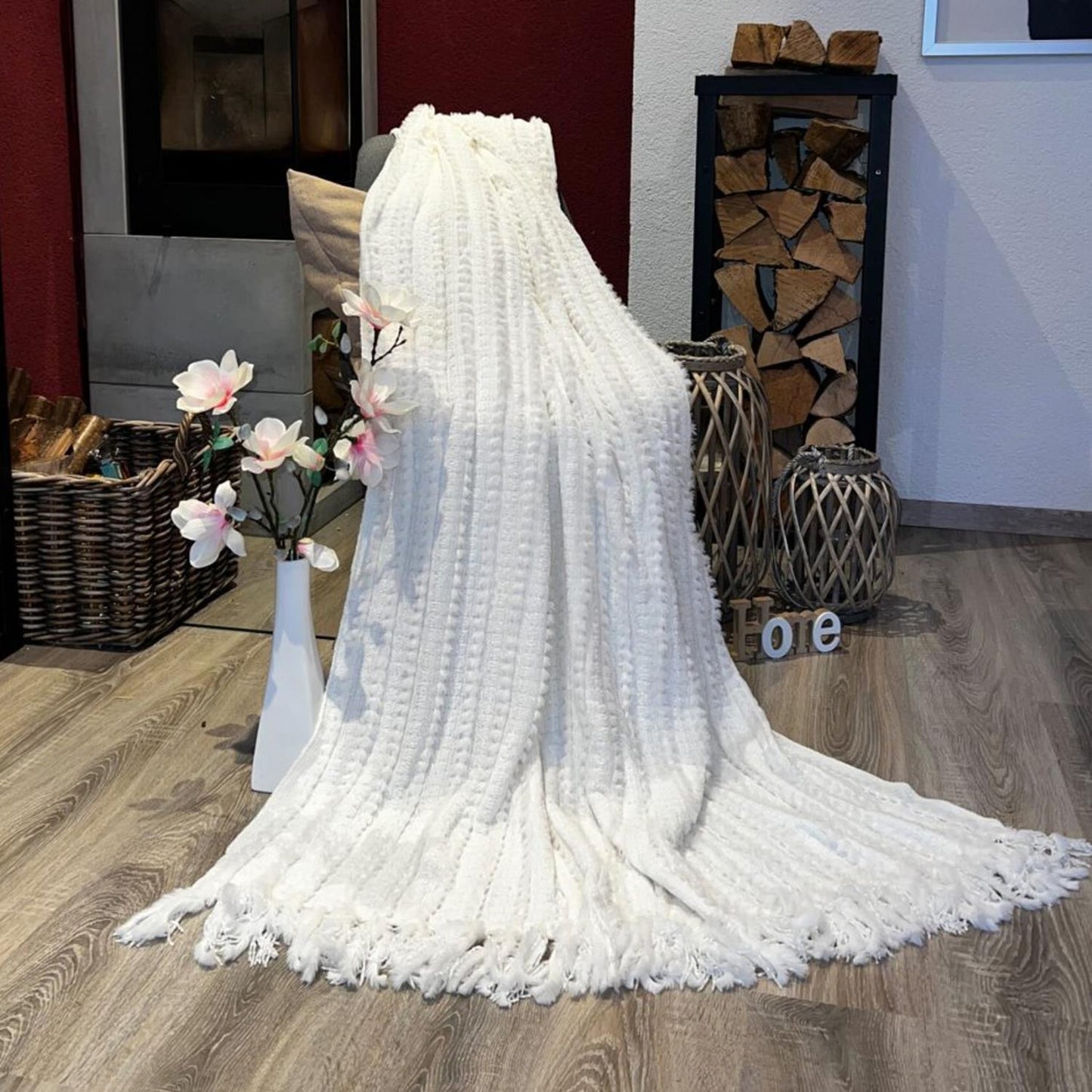 Star Home Wohndecke Strickdecke Zopfmuster Fransen Nala creme 130x170