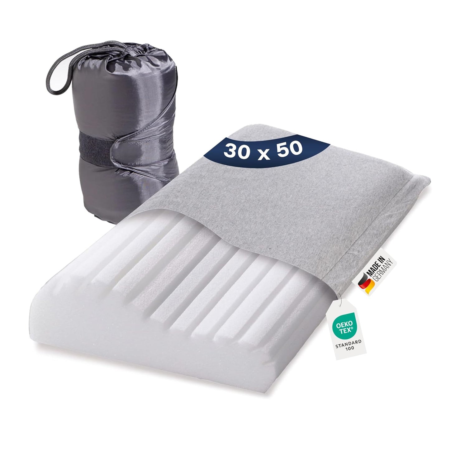 Ein Nackenstuetzkissen mit oekotex Label und Aufbewahrungsbeutel