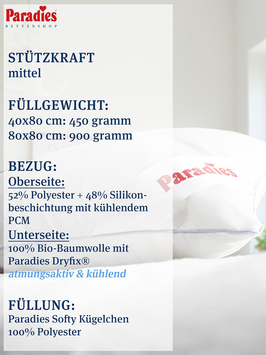Paradies Softy Cool Bio kühlendes Kopfkissen Kissen Kühlkissen 40x80