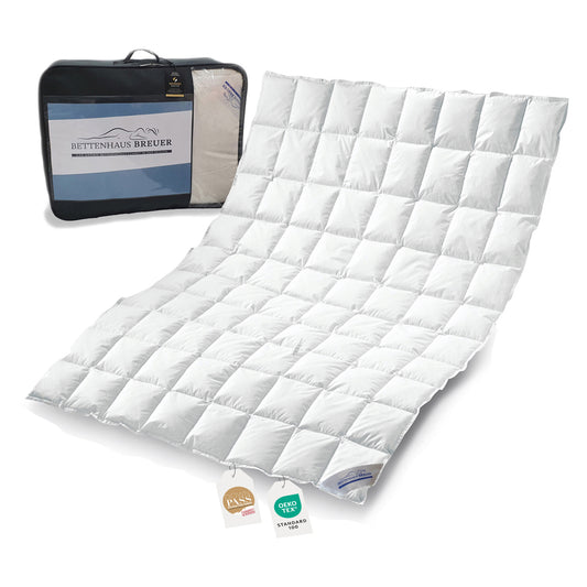 Eine Bettdecke 135x200 mit aufbewahrungstasche gesteppt mit oekotex Label extrem leichte Daunenfuellung als Sommerdecke geeignet