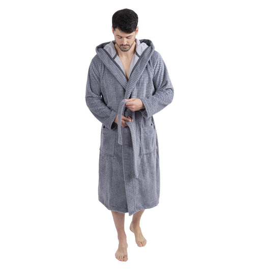 Wewofashion Herren Bademantel Kapuze 1101-2431 Grau Waffeloptik