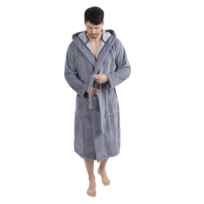 Wewofashion Herren Bademantel Kapuze 1101-2431 Grau Waffeloptik