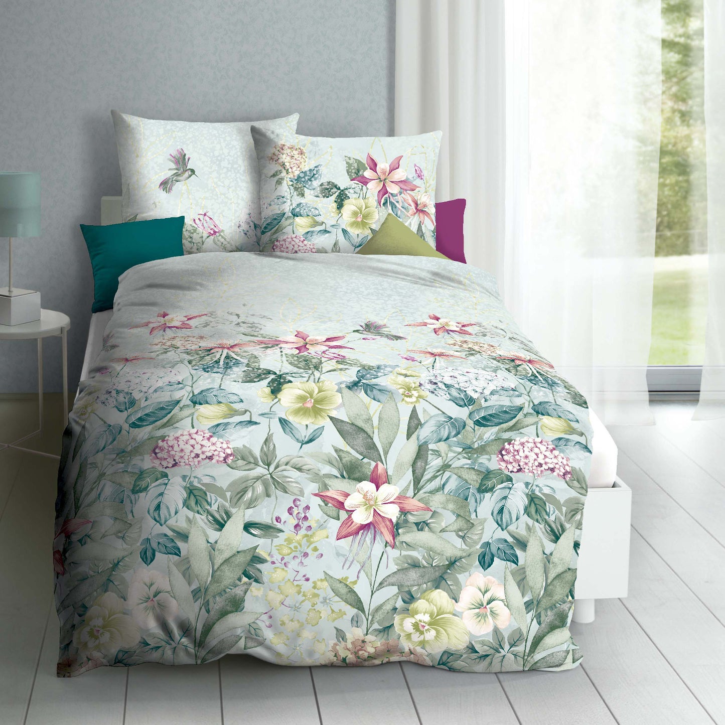Bettwäsche Mako Satin Ophelia Türkis mit Blumenmuster 135 x 200 cm