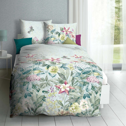 Bettwäsche Mako Satin Ophelia Türkis mit Blumenmuster 135 x 200 cm